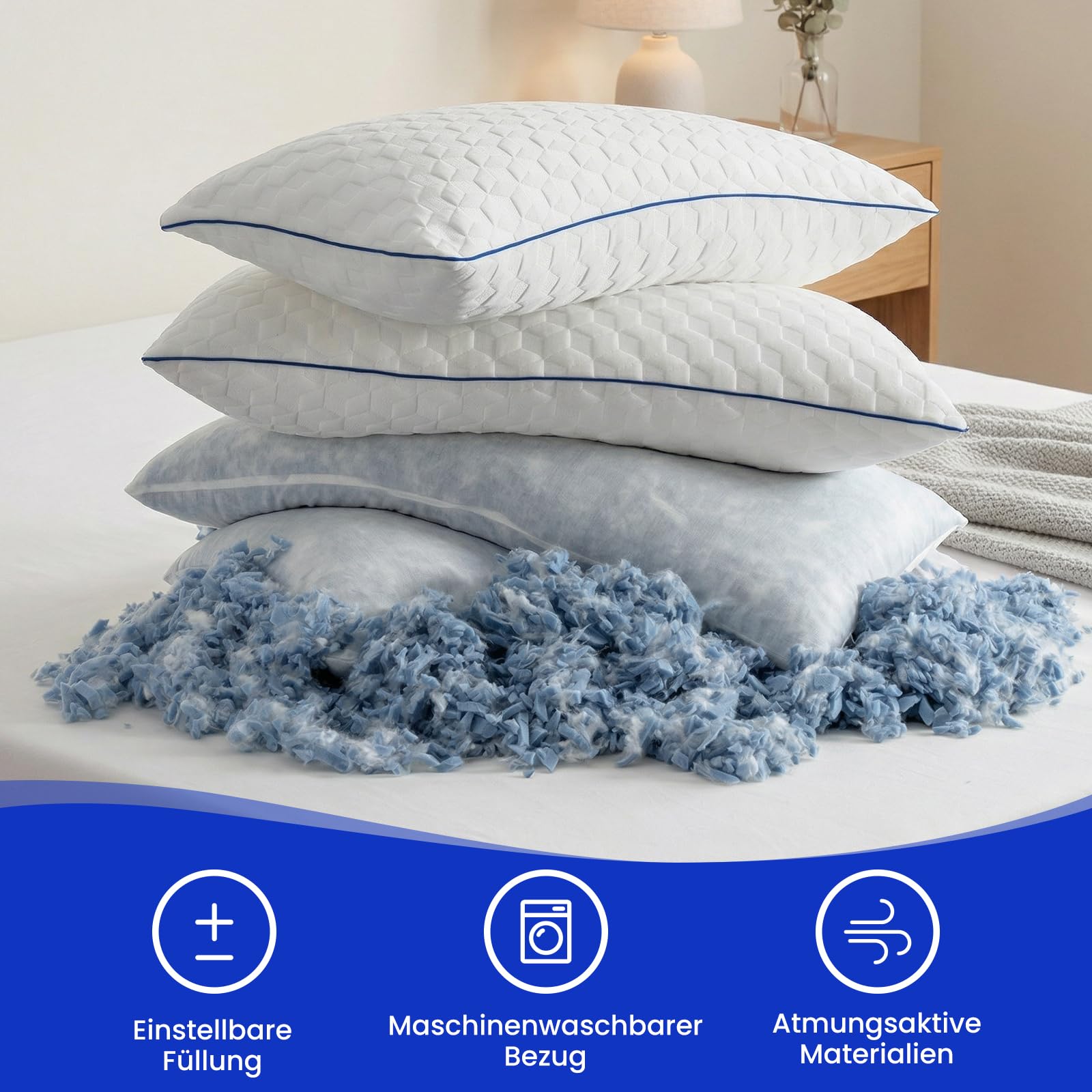 BedStory Poduszka pod głowę 40 x 80 cm, zestaw 2 ergonomicznych poduszek z pianki z pamięcią kształtu, dla osób śpiących na boku, z regulacją wysokości, do wszystkich pozycji spania, oddychająca i