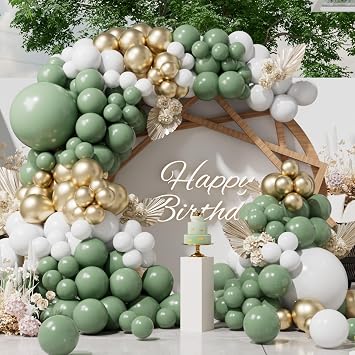 SUWEN Sage Green Balloons Arch Kit 153Pcs 18 10 5 Inch Garland | Sage Gold White Olive Green Different Sizes Latex Balloon Arch Kit Birthday Decorations for Gender Reveal Wedding Party