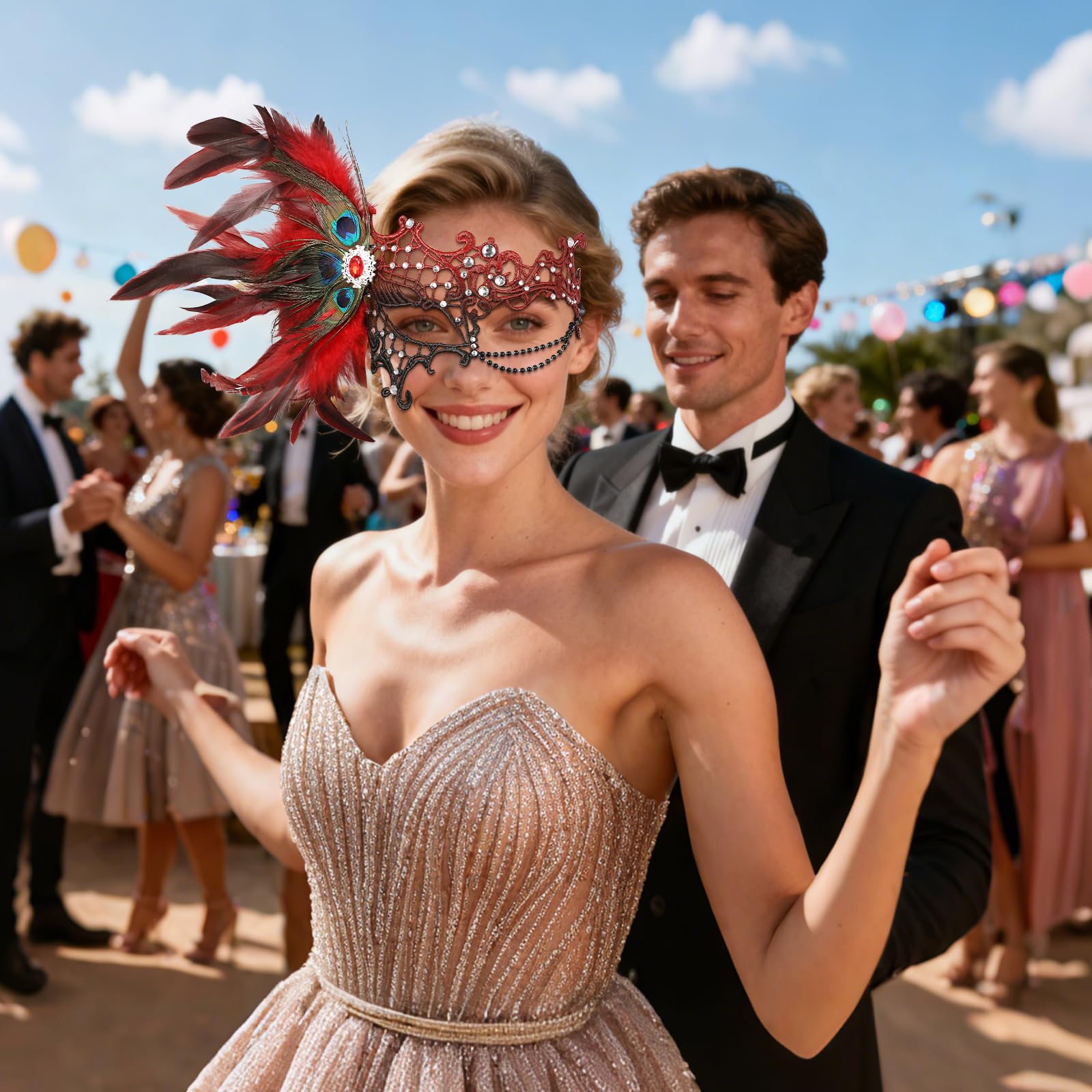 Oidea Masquerade Mask for Women: Elegant One Eyed Half Face Rhinestone Lace Feather Venetian Mask with Chain Halloween Mardi Gras Costume Party Ball Masks Red - Image 2