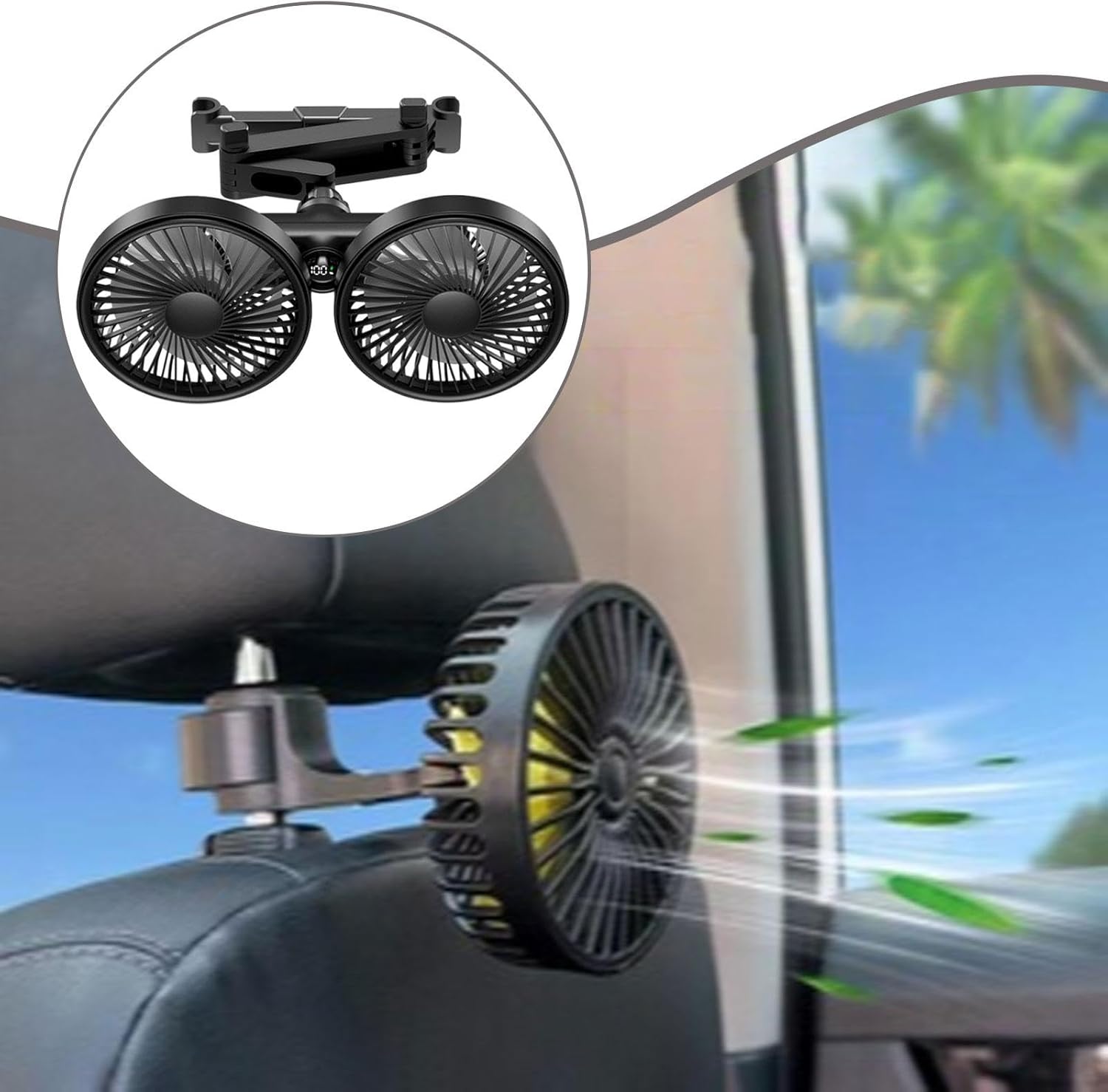 Car Backseat Double Head Fan USB Car Fan 3 Adjustable Speeds Portable Practical Angle Adjustable Durability Auto Cooling Fans, Black