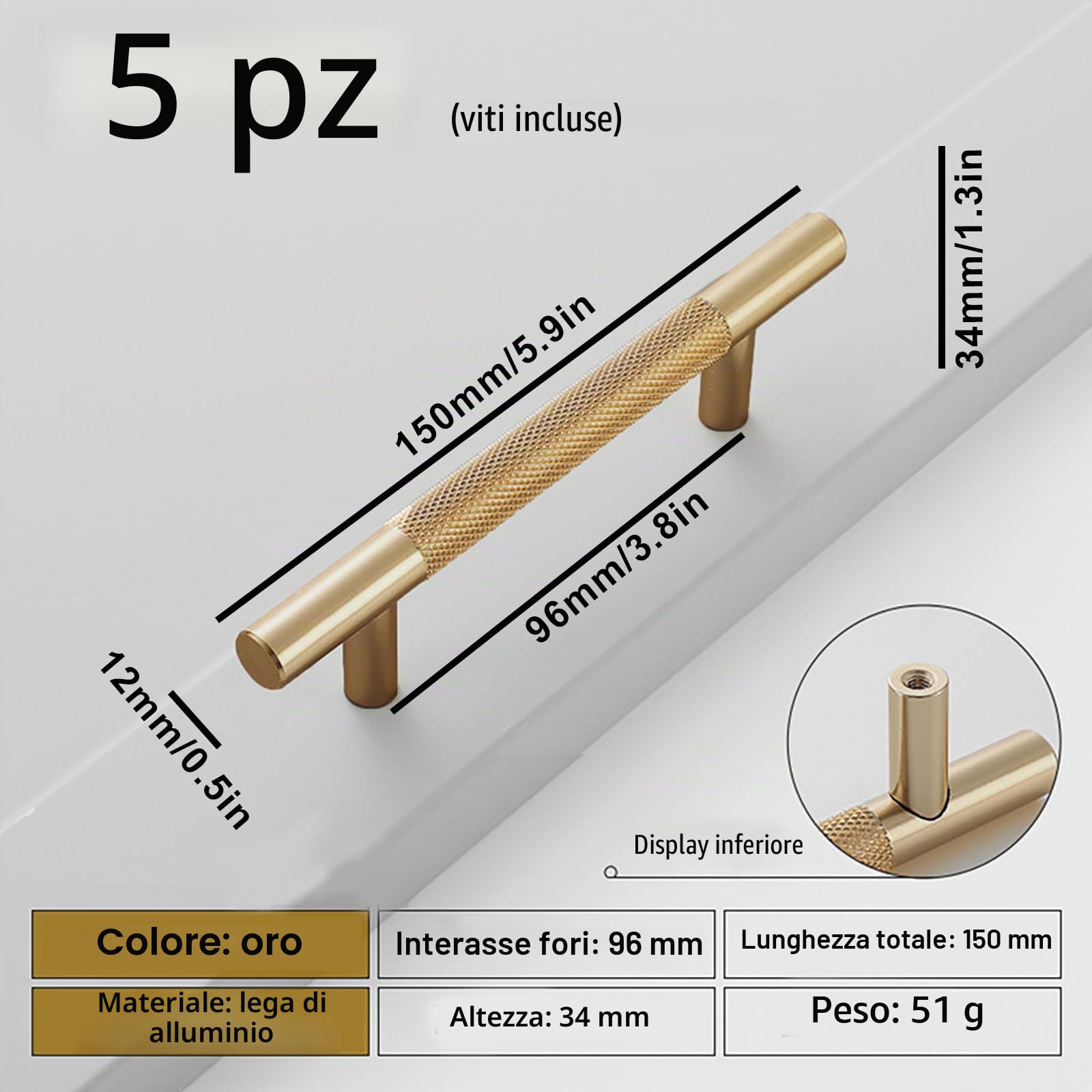 Bikasun 5 Pezzi maniglie dorate per armadi 96 mm, distanza tra i fori, maniglie per mobili oro, maniglie per armadi da cucina, maniglie per cassetti, Maniglie Armadio Camera da Letto