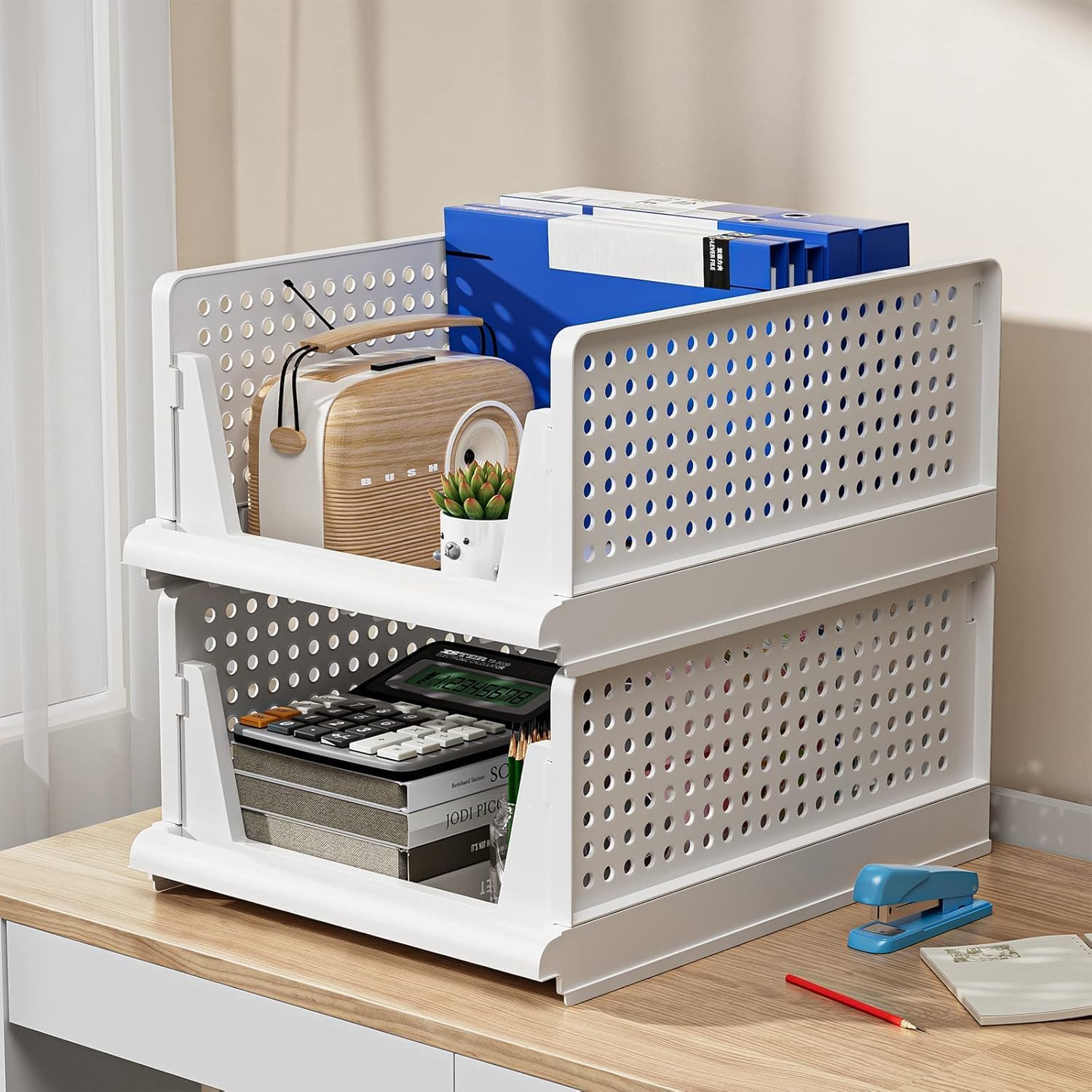 New Set of 1 Large Foldable Cloth Storage Organizer/Stackable Wardrobe Organizer For Clothes/Multipurpose Sliding Basket/Rack Organiser for Storage/Shirt Stacker Box (44 x 33 x 36 cm, White) (1)-image-47