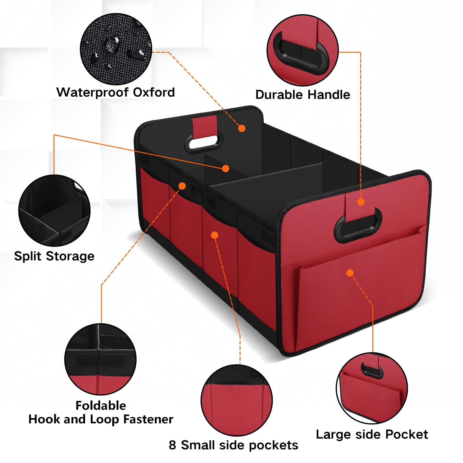 Organizador de Maletero Coche,Bolsa Plegable Reforzada y Estable con Bolsillo de Red,Caja Antideslizante, Impermeable y Versátil para Almacenaje Interior – Negro (Rojo)