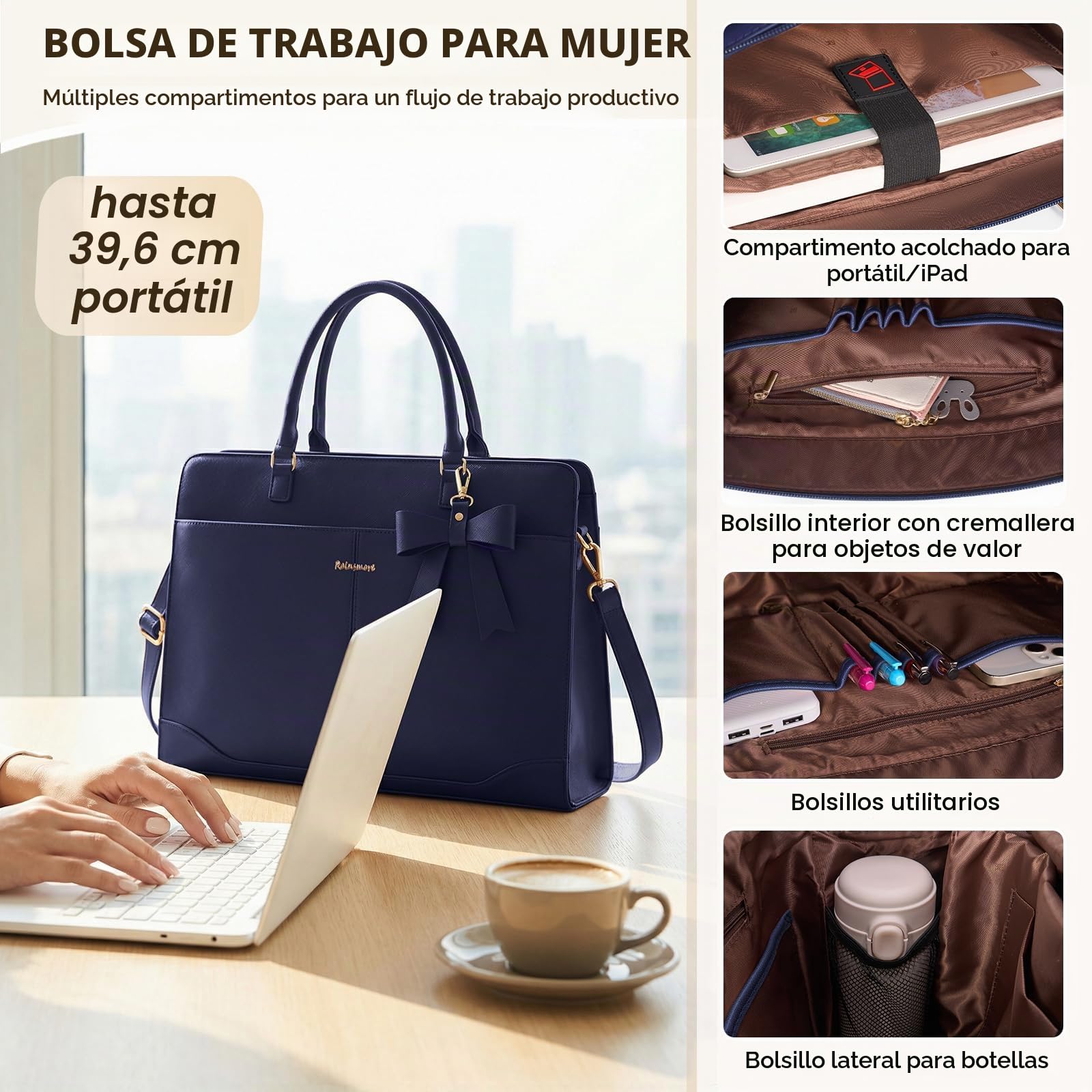 RAINSMORE Bolso Universidad Mujer Grande Impermeable Bolso portatil Mujer 15,6 Pulgadas PU Cuero Trabajo Shopper Tote Bag para Oficina