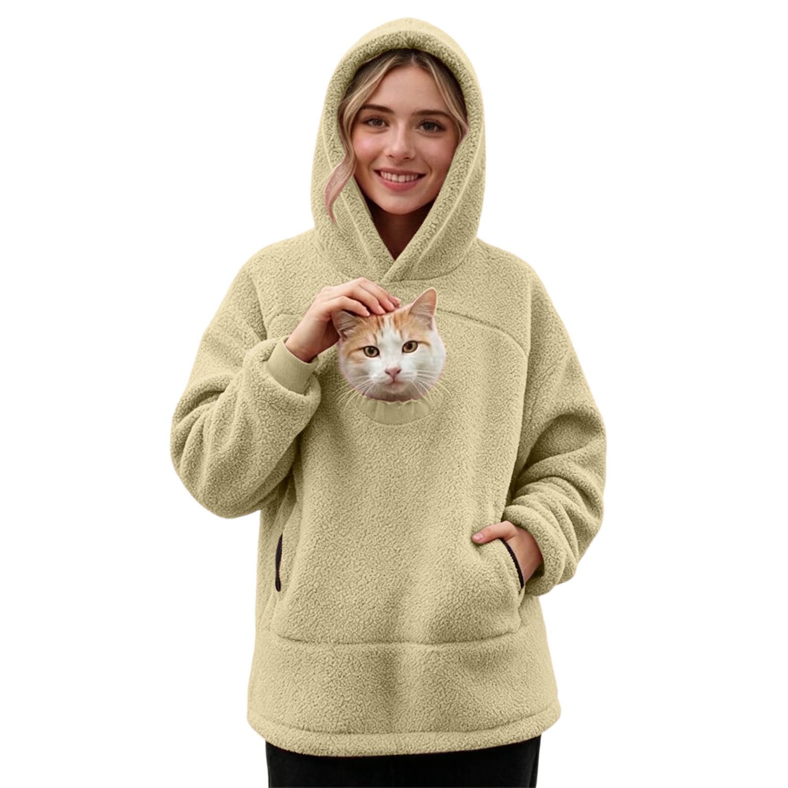 Pet Pouch Hoodie, Jumper with Cat Pocket Dog Puppy Carrier Warm Fluffy Winter Fleece Pullover Sherpa Funny Sweatshirts with Kangaroo Pouch for Pet Lover