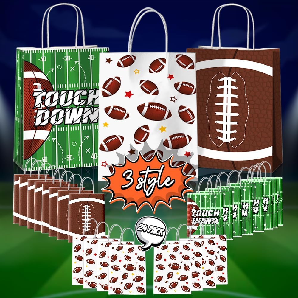 JOYGATHER 24 Pcs Football Party Favors Bags with Handles, Football Goodie Gift Candy Treat Snack Bags with 3 Different Types for Birthday Party Supplies - Image 3