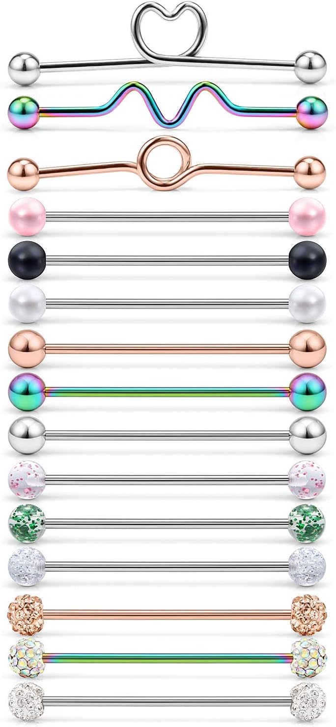 RuifanRuifan 15PCS 16 Gauge Industrial Barbell Cartilage Earring Body Piercing Jewelry 1 1/2 Inch(38mm)