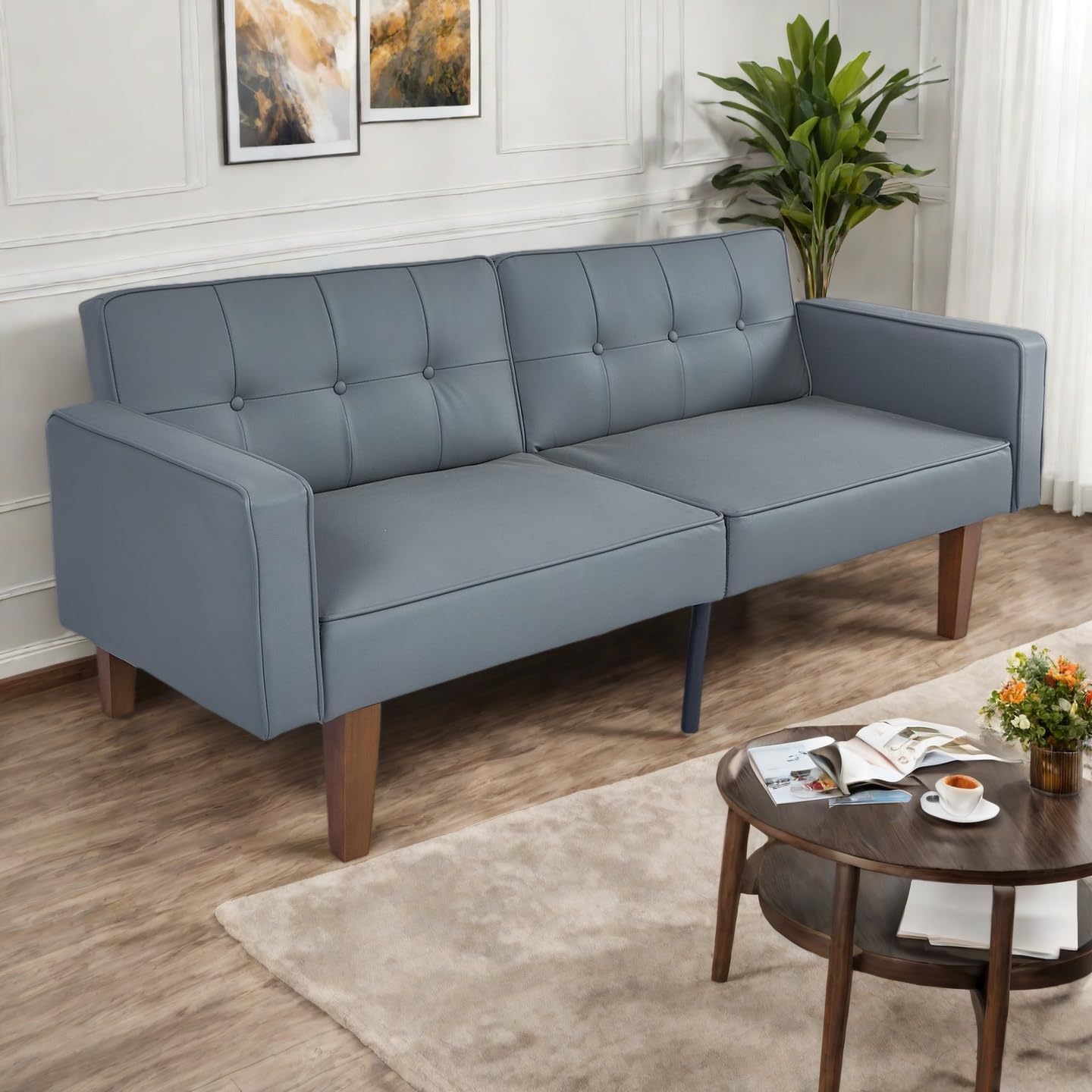 Adjustable Convertible PU Leather 2-Seat Futon Sofa Grey for Living Room/Home Office