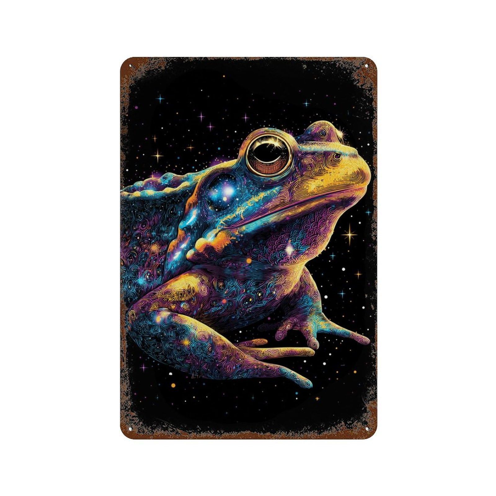 Rusty Metal Tin Sign Cosmic Frog Art Print 11.8"x7.9", Vintage Wall Decor for Shed, Workshop And Garage Wall Decor