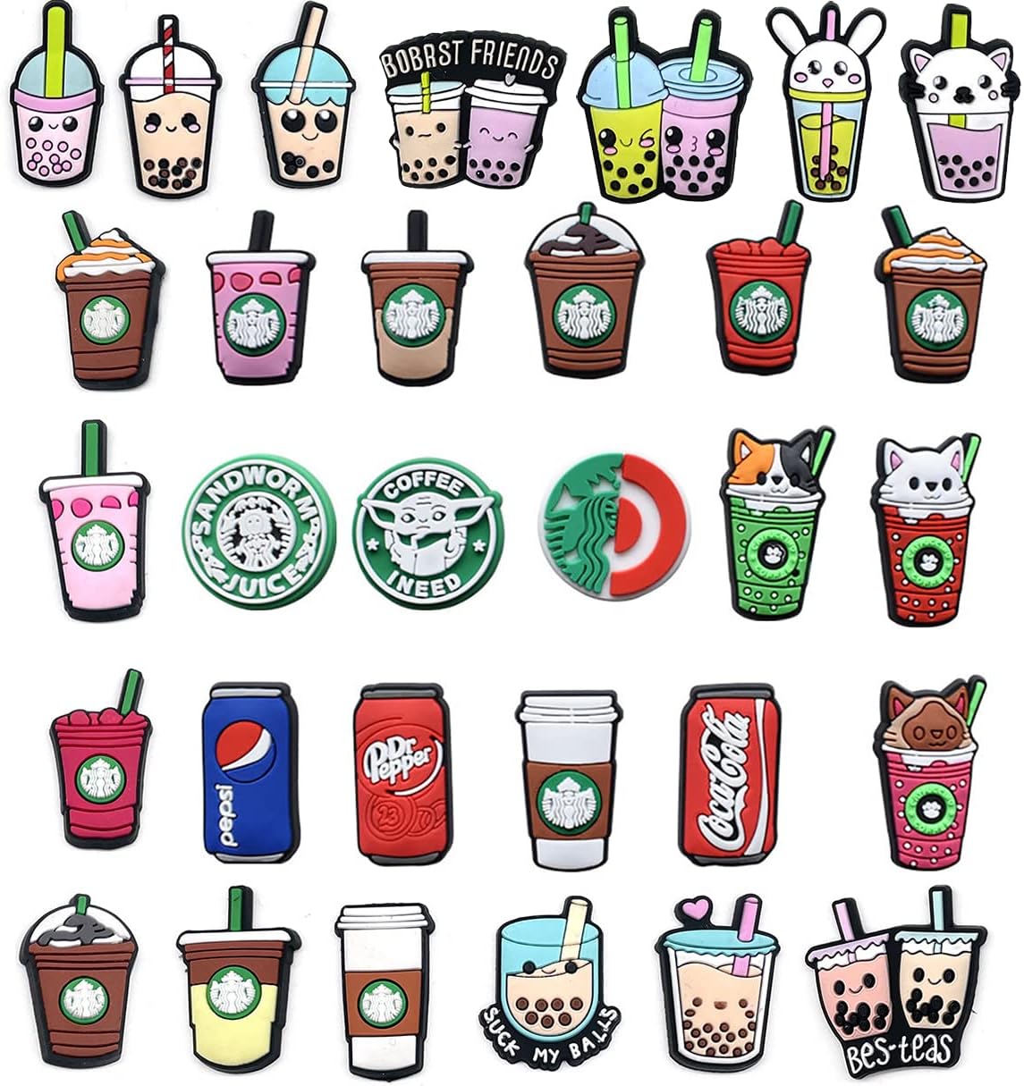 ERGE 31 Pcs Coffee Cute Croc Charms for Boys Girls,PVC Cat Coffee Croc Charms Croc Accessories Shoe Decoration Charms Party Favor Gifts