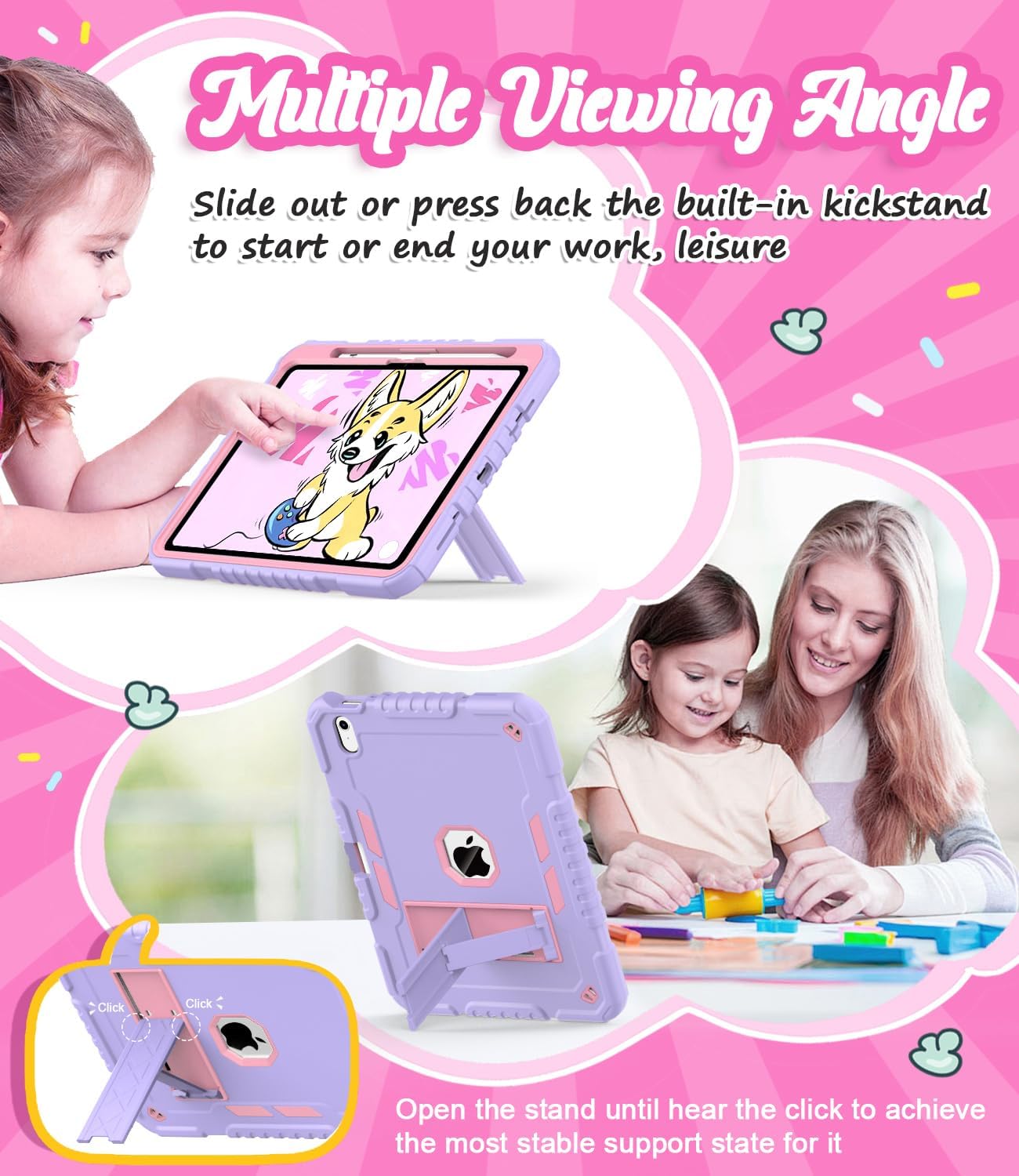 ZoneFoker for iPad (A16) Case 11th Generation 11 inch 2025 / iPad 10th Generation 10.9 inch 2022, Heavy Duty Durable i Pad 11/10 Gen Cover with Pencil Holder/Stand (Purple+Pink)