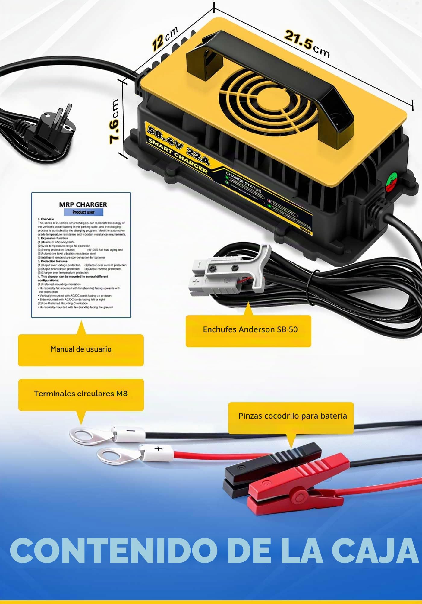 58,4V 22A Cargador de Batería Litio para 48V (51.2V) LiFePO4 Baterías, 48V Cargador de Batería LiFePO4 para Autocaravanas, Barcos, Vehículos Marinos y Sistemas Solar
