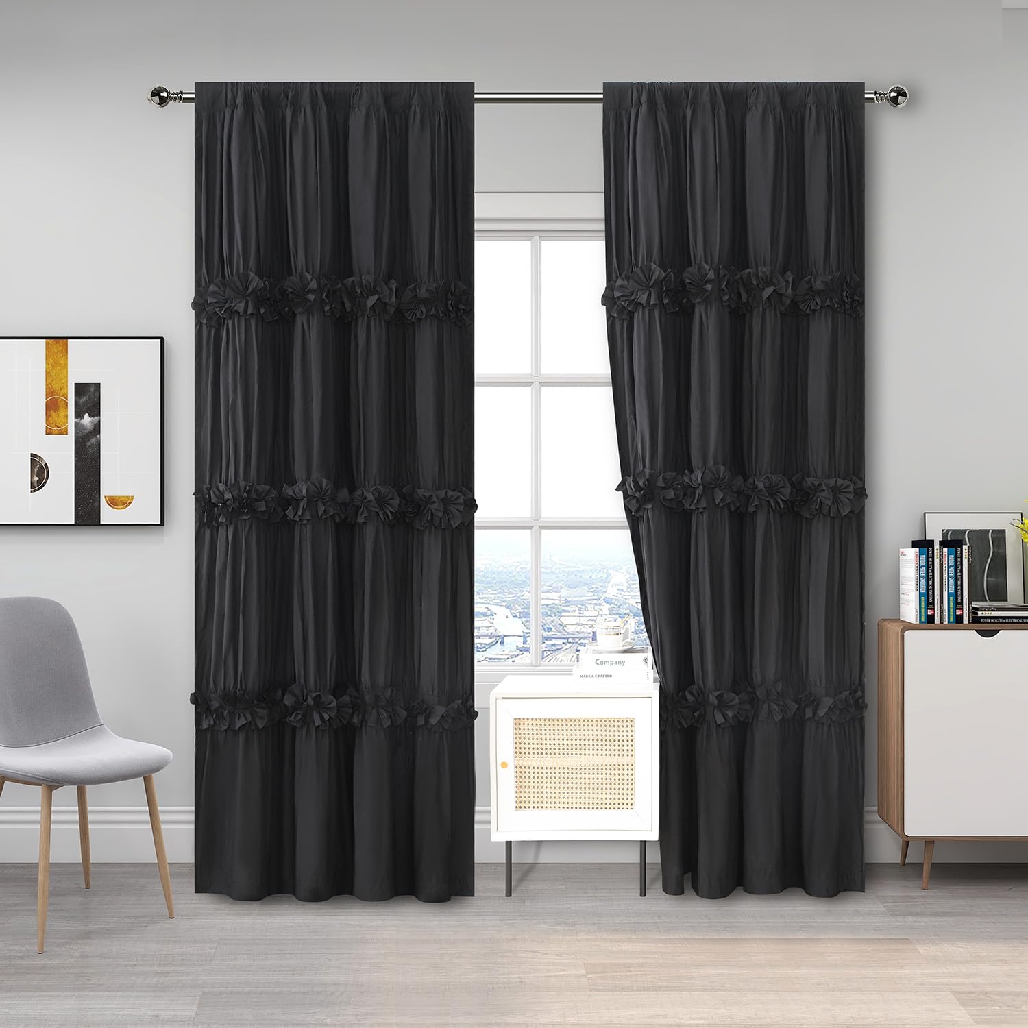 Homechoice Decor Thermal Insulated Blackout Window Curtains, Boho Ruched Window Treatments with 3 Rows of Butterfly Flowers, Rustic Rod Pocket Drapes