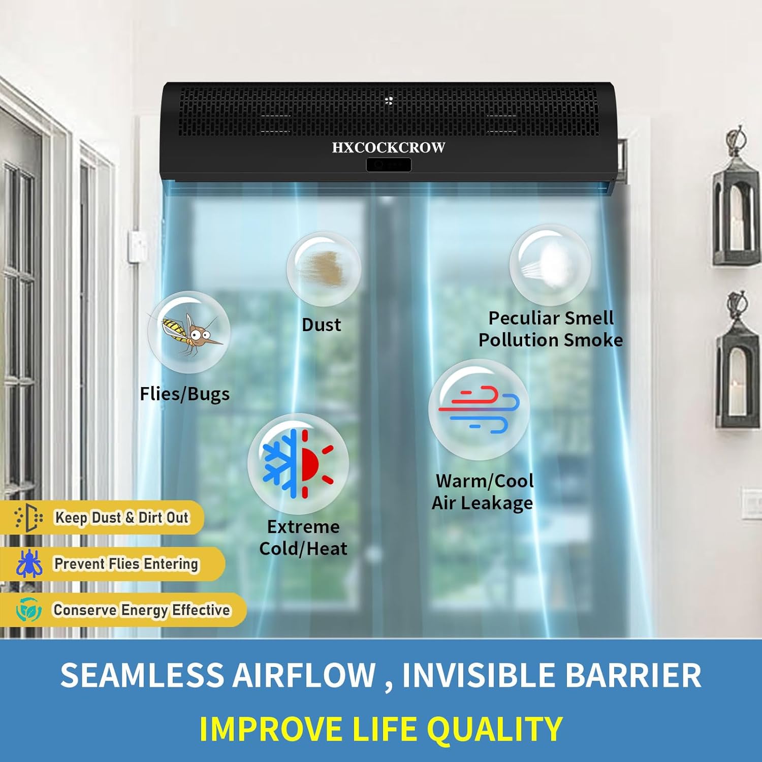 36 Inch Air Curtain for Doors Commercial,1350CFM/2363FPM Powerful Black Air Door Fan with Door Magnetic Switch to Keep Bugs Flies Out for Home, Restaurant, Garage, Warehouse, Shop