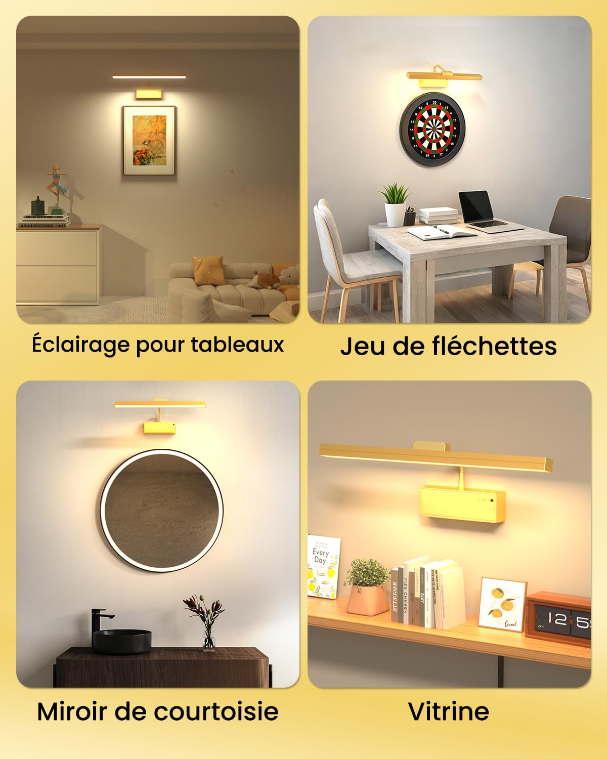 Applique Murale pour Tableaux, Eclairage Tableau sans fil Rechargeable 3000mAh avec Télécommande et Minuterie, Lampe Murale LED Magnétique Dimmable pour Art, Galerie, Cible de Fléchettes, Or