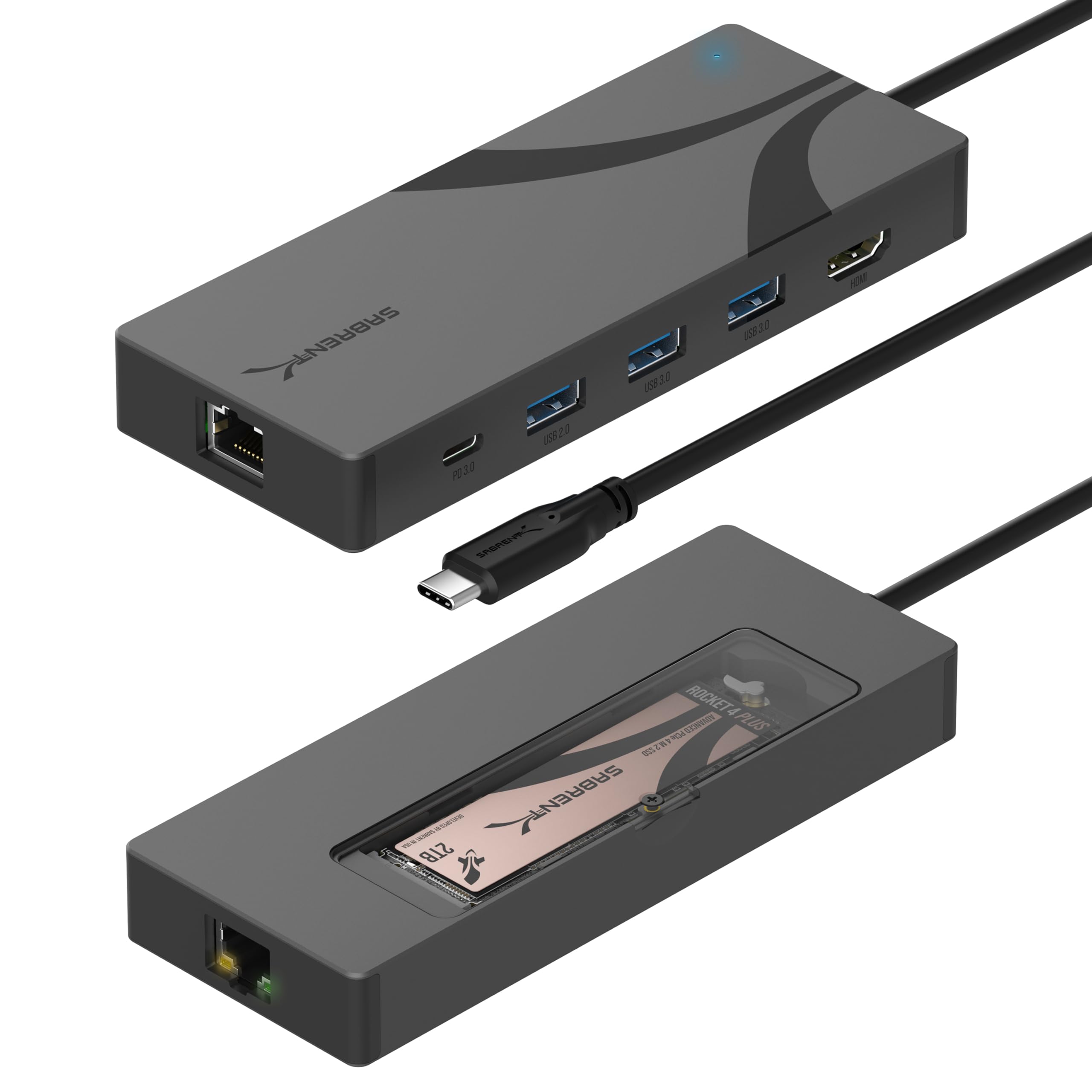 SABRENT 6 in 1 USB C Dockingstation mit M.2 NVMe SSD Slot, 2 USB 3.2x2 (10 Gbps), 90W Power Delivery, 4K@60Hz HDMI Port, RJ45 1000 Mbps Ethernet Port [HB-6PNV]