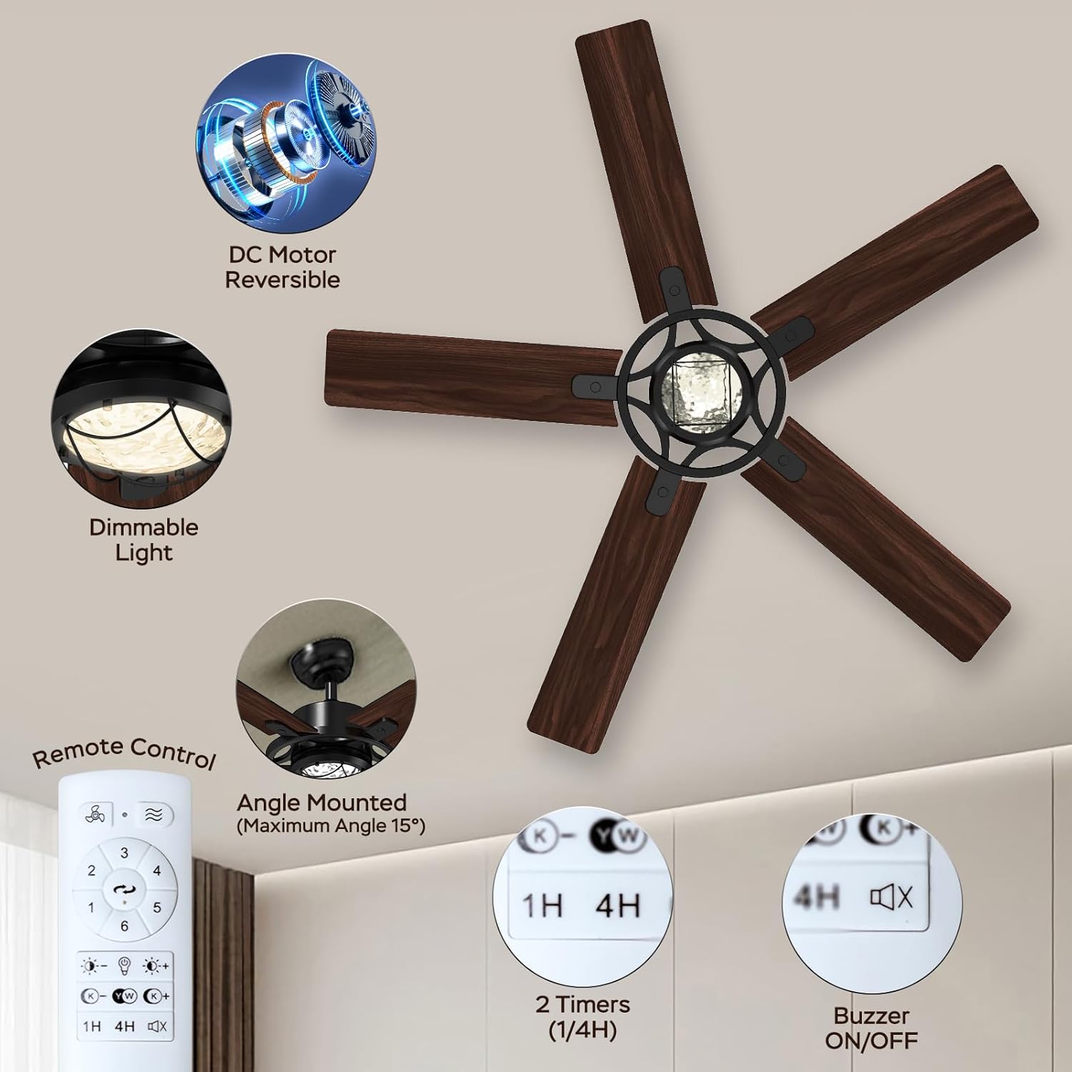 TALOYA 52 Inch Ceiling Fans with Lights and Remote Flush Mount Low Profile for Living Room Farmhouse Bedroom Patio Outdoor Dining Room,DC Motor,Reversible,Buzzer Mute,Dimmable Led Light,Rustic,Black