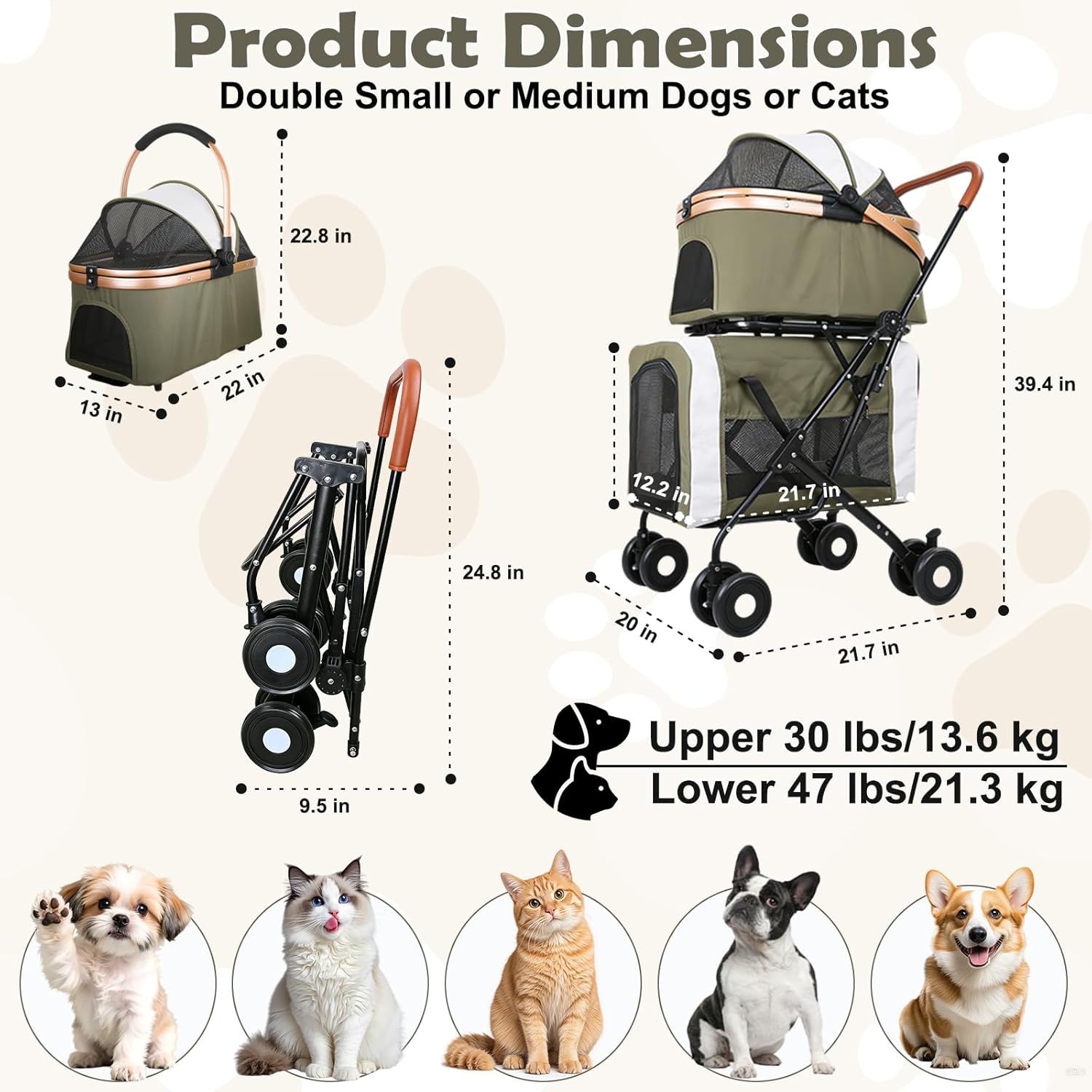 Double Pet Stroller for Dogs and Cats: Dog Stroller Foldable Travel Carriage with Detachable Carriers, Safety Belts, and 4 Lockable Wheels for Small to Medium Pets – Ideal for Multi-Pet Homes (Green)