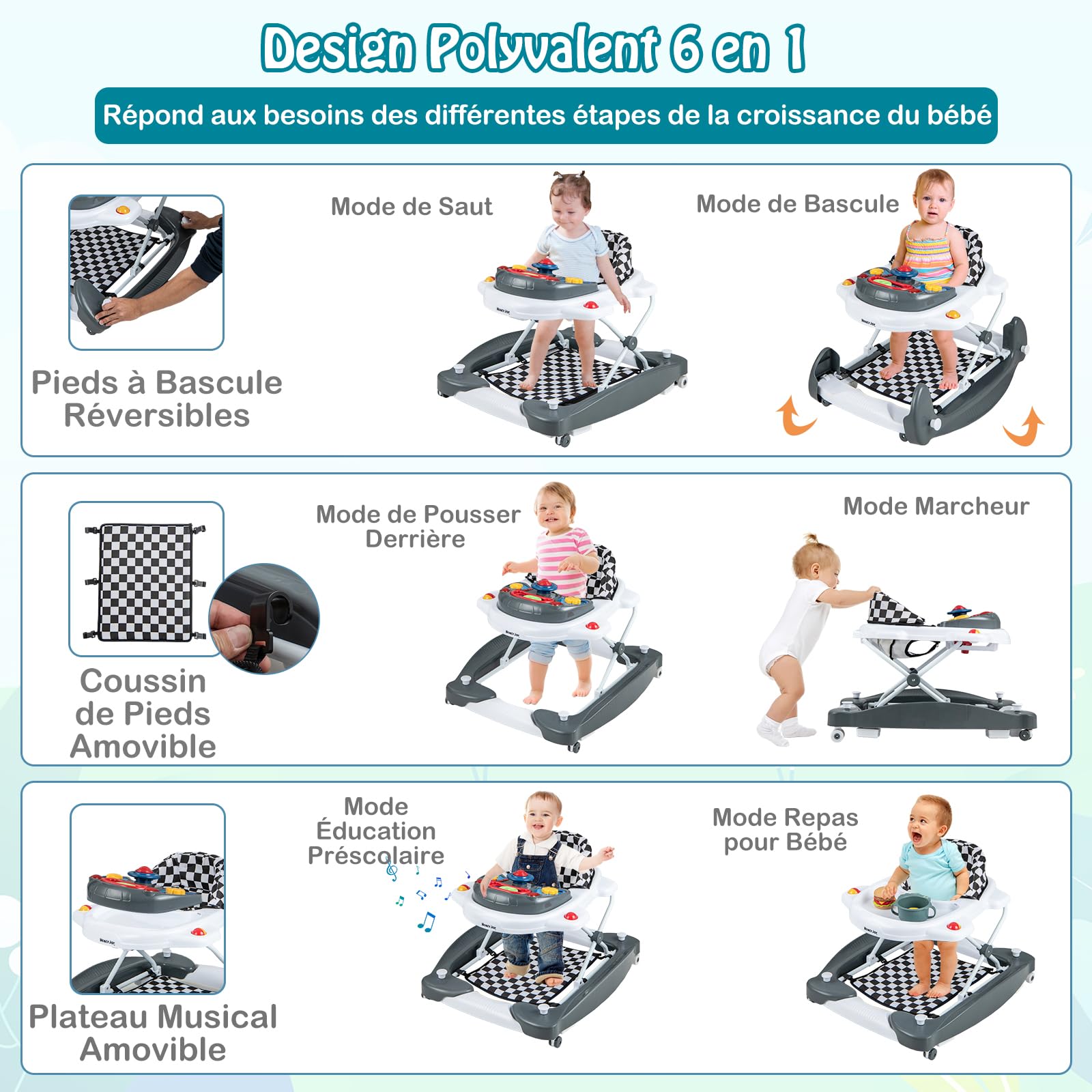 GOPLUS Trotteur Bébé Garçon Fille Evolutif 6 en 1, Trotteur Marche Bebe Pliable avec 3 Hauteur Réglable, Lumières, Musique, Plateau d’Activités Amovible, Charge 12KG, pour 6+ Mois (Gris)