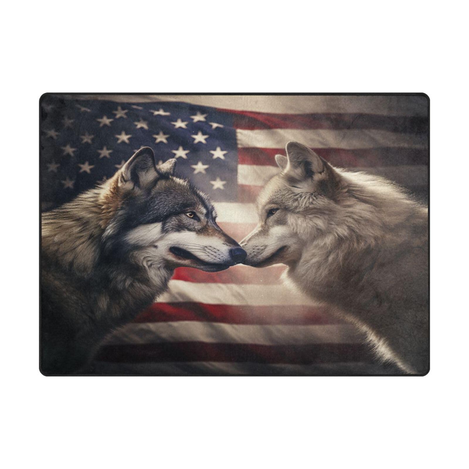 Grand tapis loup et drapeau américain 203x147 cm pour decoration de salon
