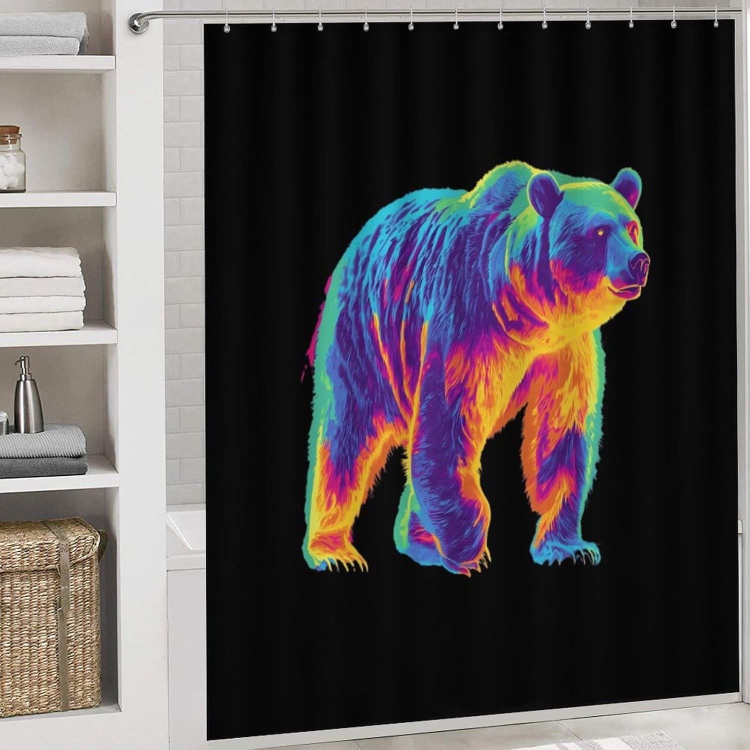 Bear Thermal Imaging Modern Bathroom Sets with Shower Curtain and Rugs Decor 4 Pcs with 12 Hooks