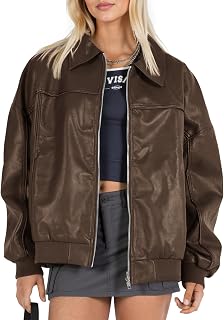 Tankaneo Womens Faux Leather Jacket Oversized Bomber Zip Motor Biker Coat | Going Out Outfit, Fashion Trendy Jacket, Casual, Long Sleeve, Loose Fit, Fall Winter