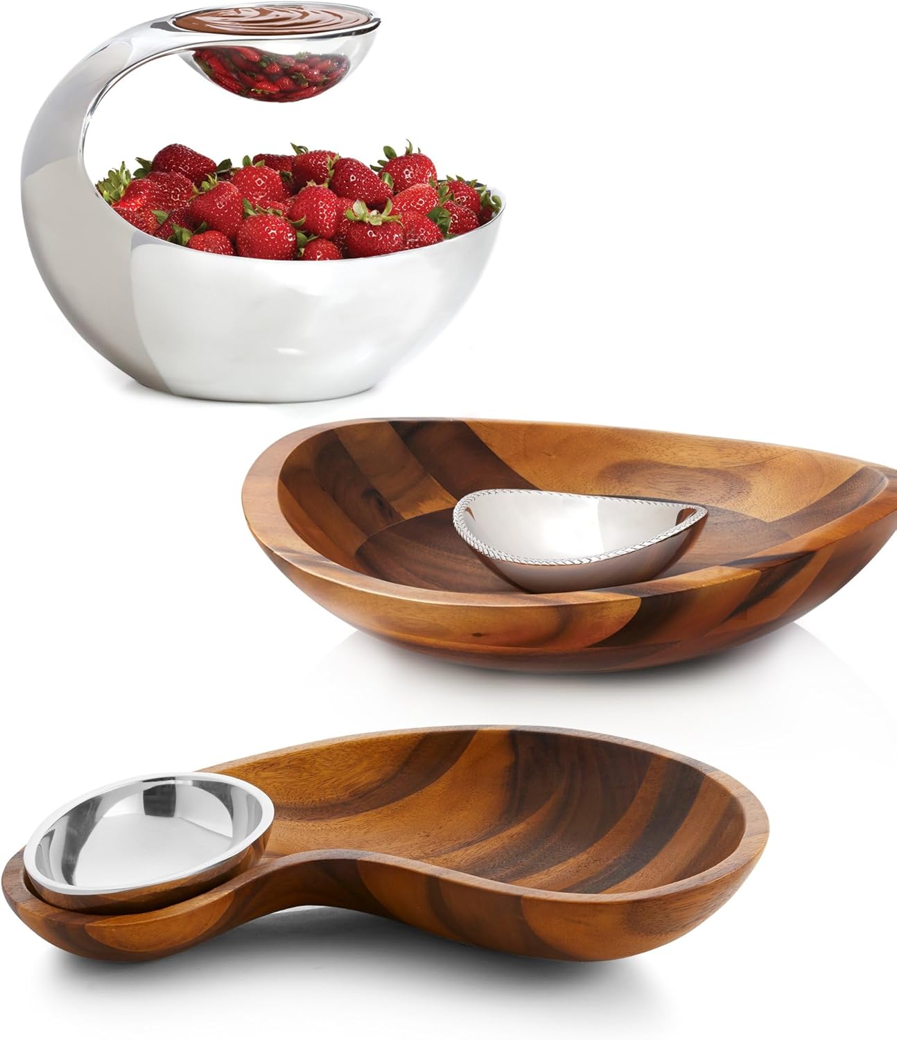 nambe Scoop Server | Two-Tiered Chip and Dip Bowl | Cold & Hot Appetizer Serving Bowl | Made of Metal Alloy | 11 x 8 Inch | Designed by Wei Young (Silver)