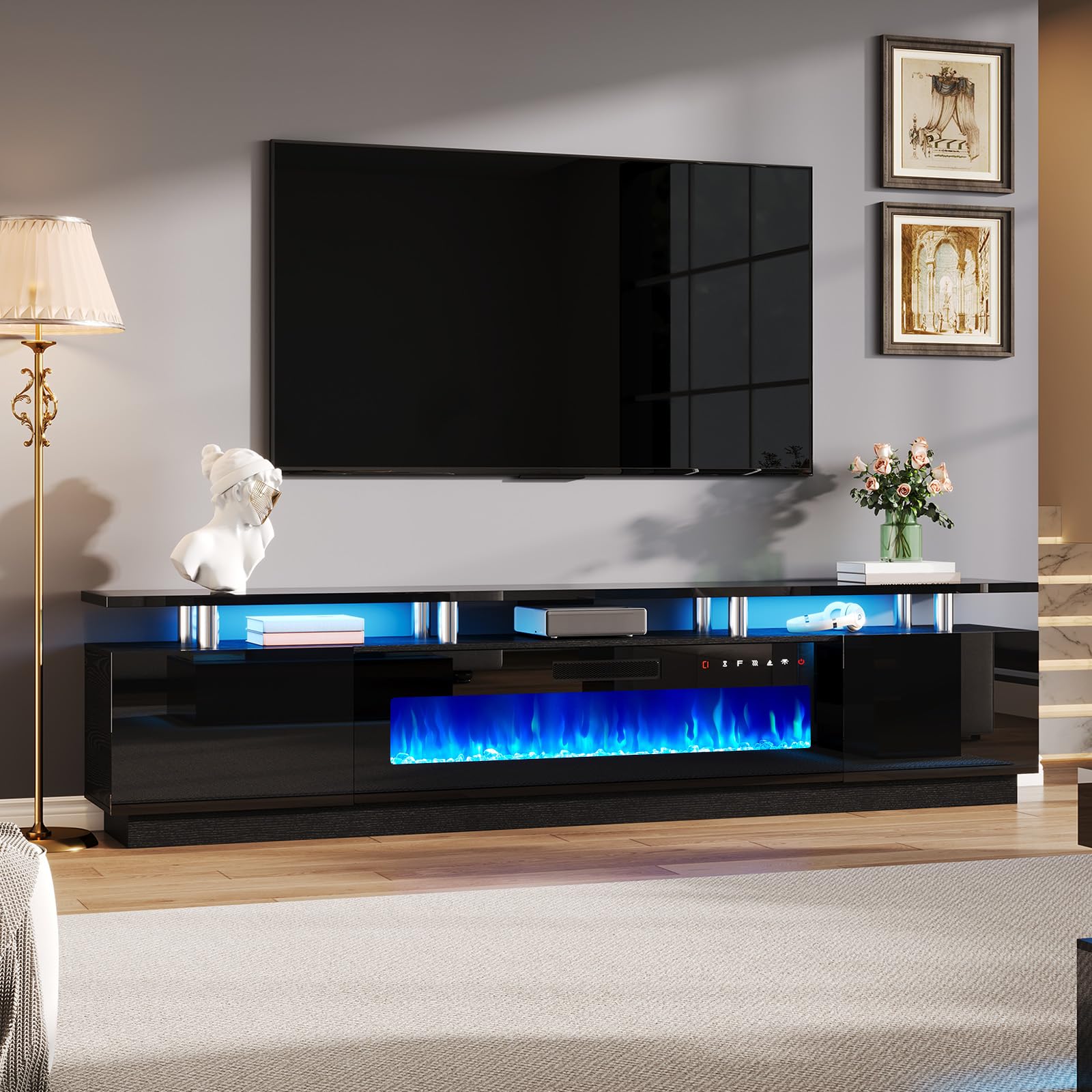 AMERLIFE 90' High Gloss TV Stand with 50' Fireplace