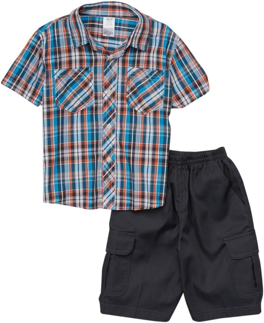 ToBeInStyle Boys’ 2-Piece Plaid Button-Down Shirt & Denim or Cargo Bottoms Outfit Set – Long or Short Sleeve