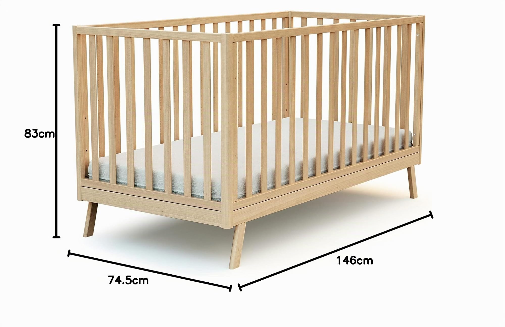 AT4 - Lit bébé évolutif en bois KASA Hêtre Verni 70 x 140 cm | 146 x 74,5 x 83 cm | Sommier réglable 3 hauteurs | Échelle amovible | Transformable en lit junior