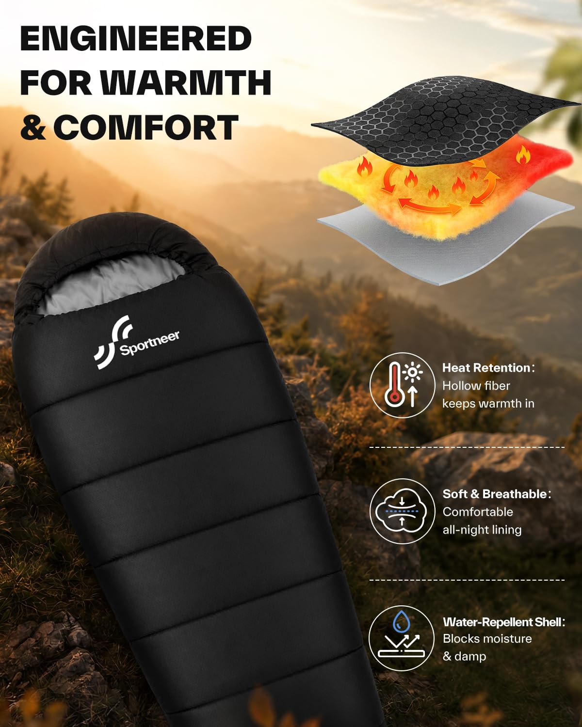 Sportneer Sac de Couchage, Couchage Sarcophage Adulte Léger et Compact, Sac de Couchage Camping Randonnée avec Capuche, Cordon de Serrage