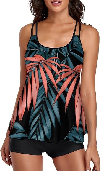 Urchics 2026 Women Two Piece Tankini Swimsuit Tummy Control Plus Size Long Torso Top and High Waisted Boyshorts Bathing Suits