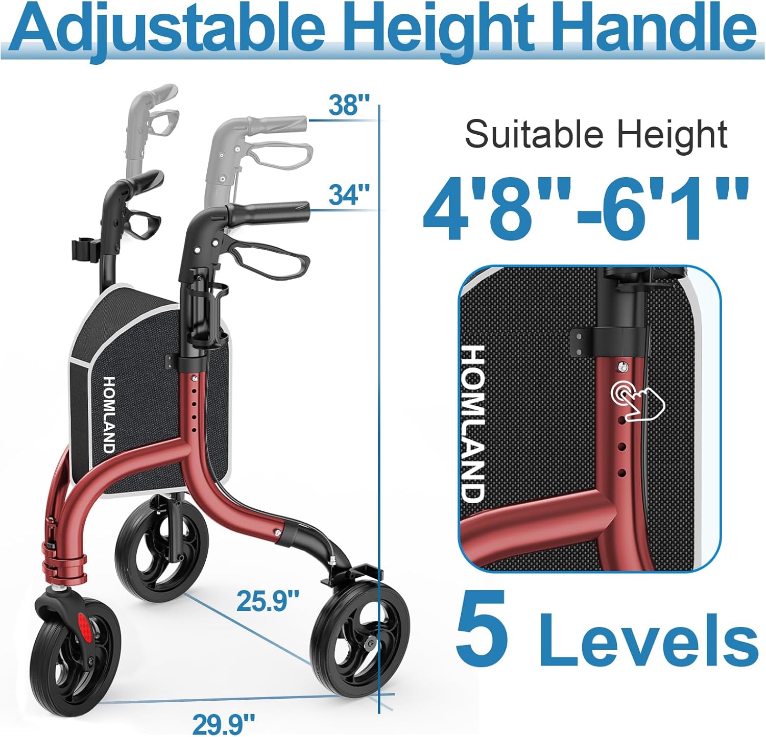 3 Wheel Walkers for Seniors, Foldable Wheeled Rollator with Cane Hold and Cup Hold, Lightweight Three Wheel Rolling Walker Height Adjustable for Seniors,Burgundy