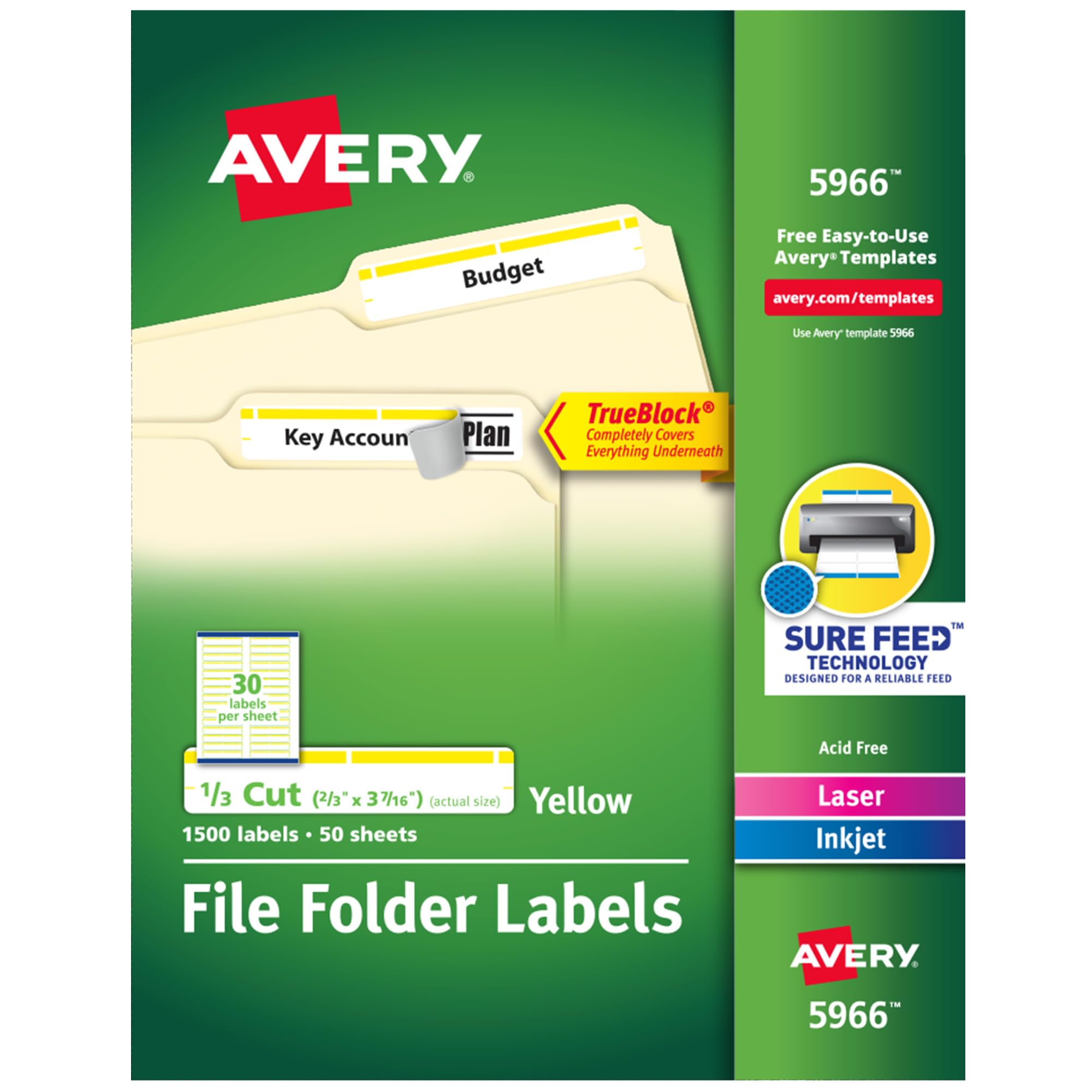 AveryTrueBlock File Folder Labels, 2/3" x 3-7/16", 1,500 Printable Labels, White/Yellow, Permanent (5966)