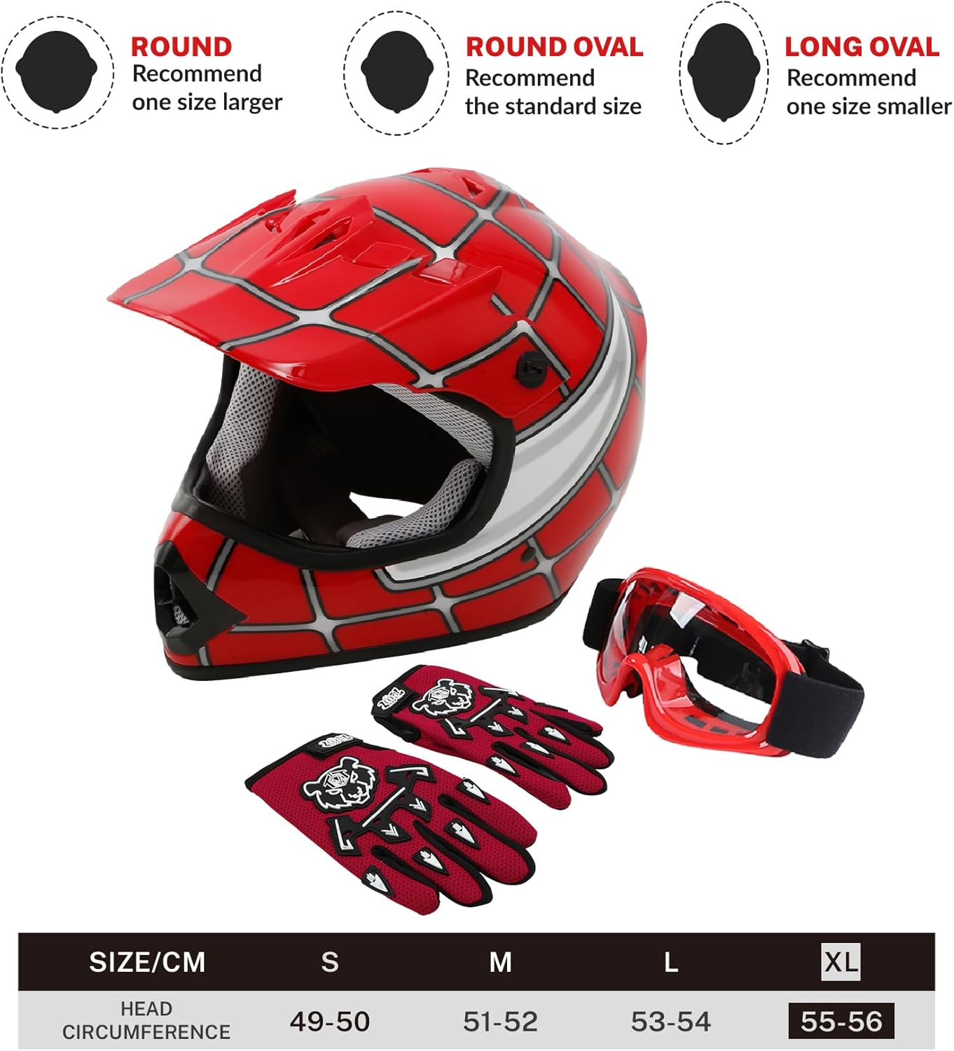 SLMOTO DOT Approved Youth Kids Helmet Offroad Street Helmet Motorcycle Helmet Dirt Bike Motocross ATV Red Spider Helmet+Goggles+Gloves