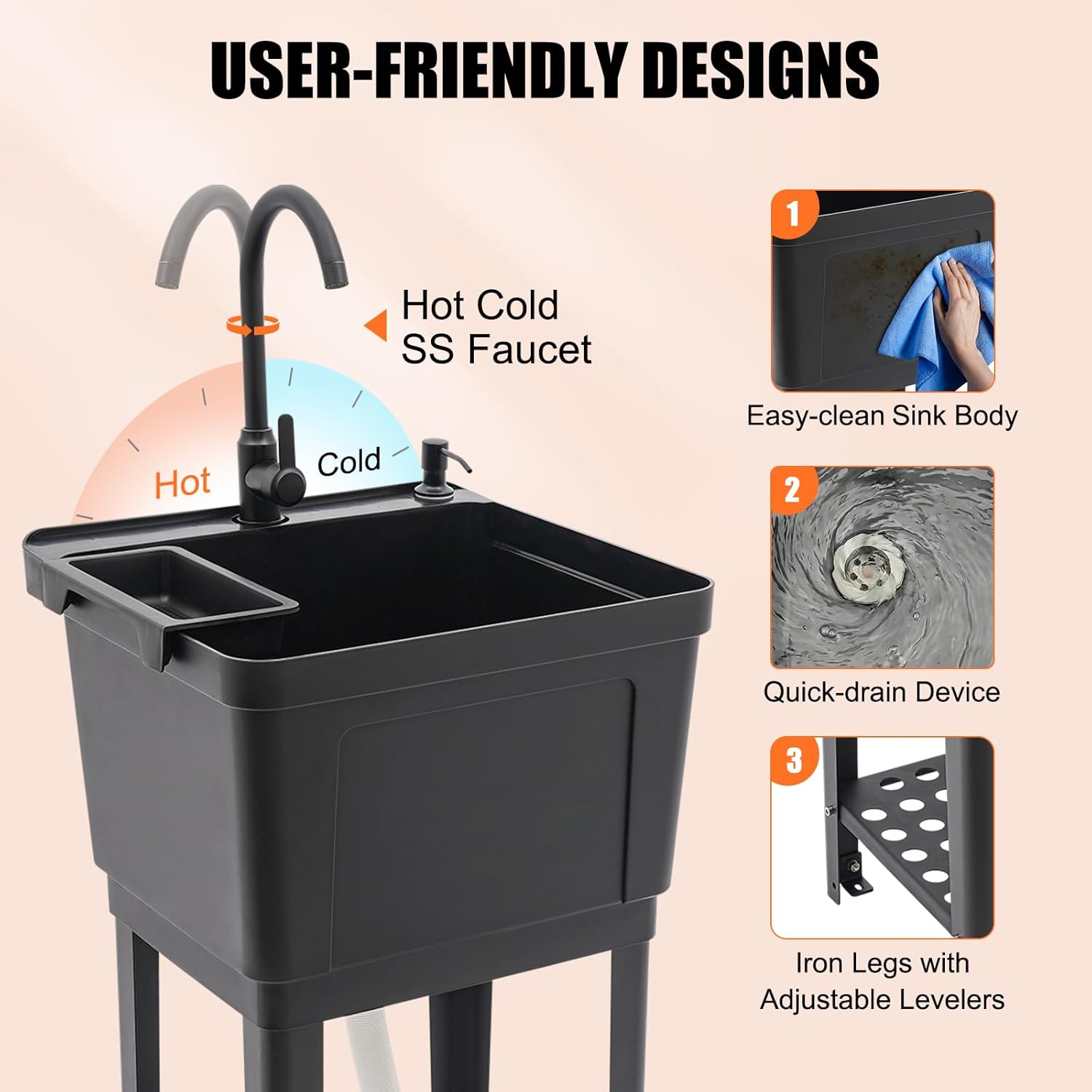Space Saver Utility Sink Laundry Tub, Freestanding Plastic Laundry Sink Compact Shop Sinks Portable Single Bowl Washing Hand Basin w/Hot & Cold Faucet and Storage Rack for Garage Pet (Black)