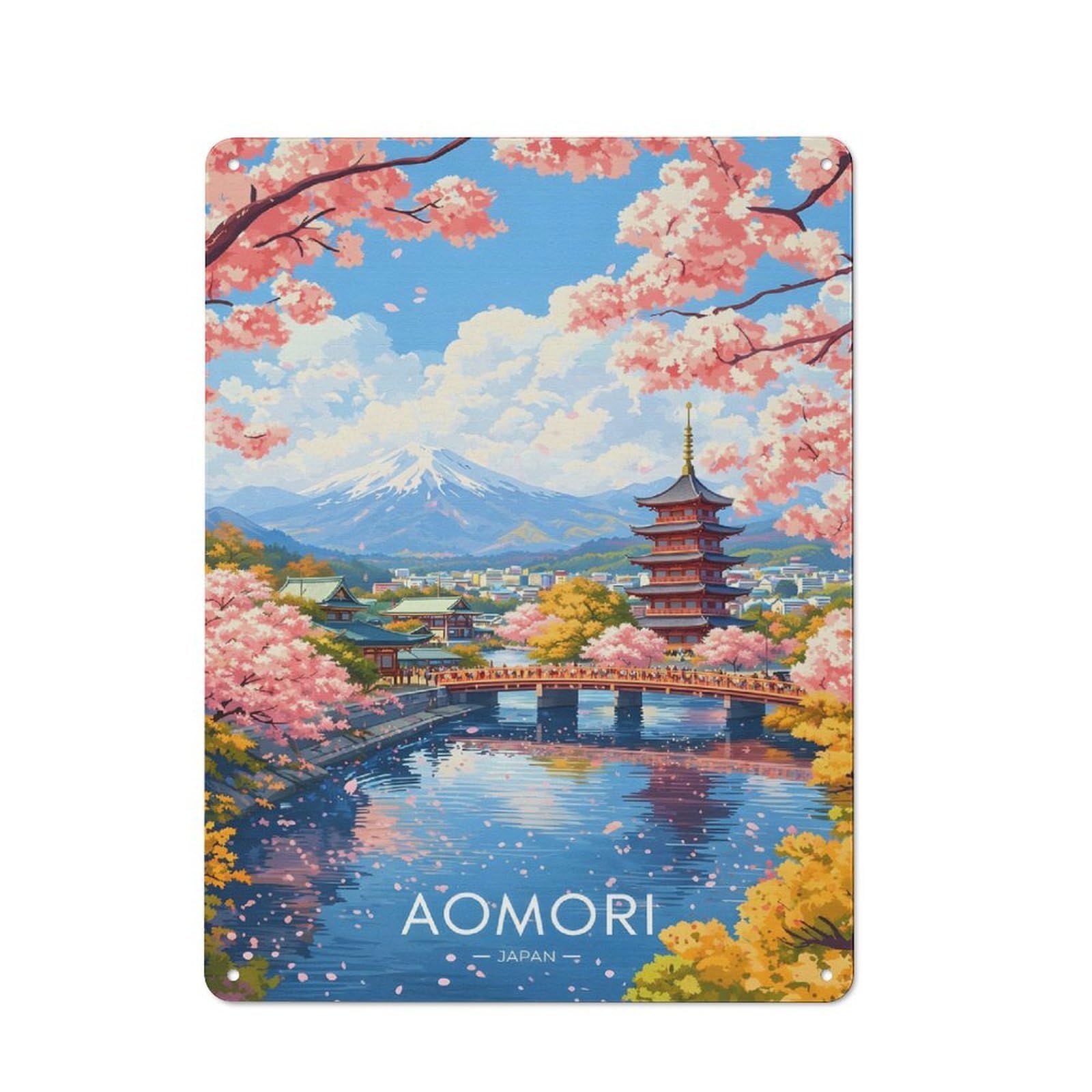 Junmoney Style-9 Creative Aomori Japan Cherry Blossoms And Pagoda Tin Sign 40X30cm, Study Room Decor For Workspace, Cafe, Shop Or Desk Area