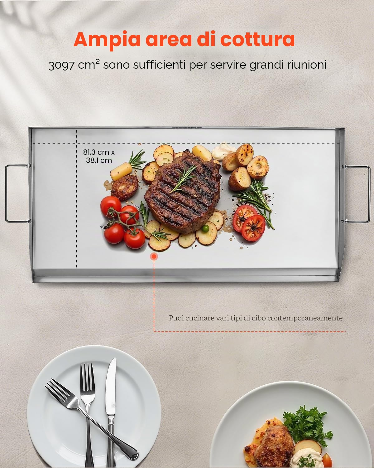 VEVOR Piastra in Acciaio Inox, Piastra Rettangolare Universale da 809x370 mm, Piastra a Gas, Pentole da Fornello Portatili per Famiglie con Manico, per Campeggio, Festa, Picnic, Eventi da Esterno
