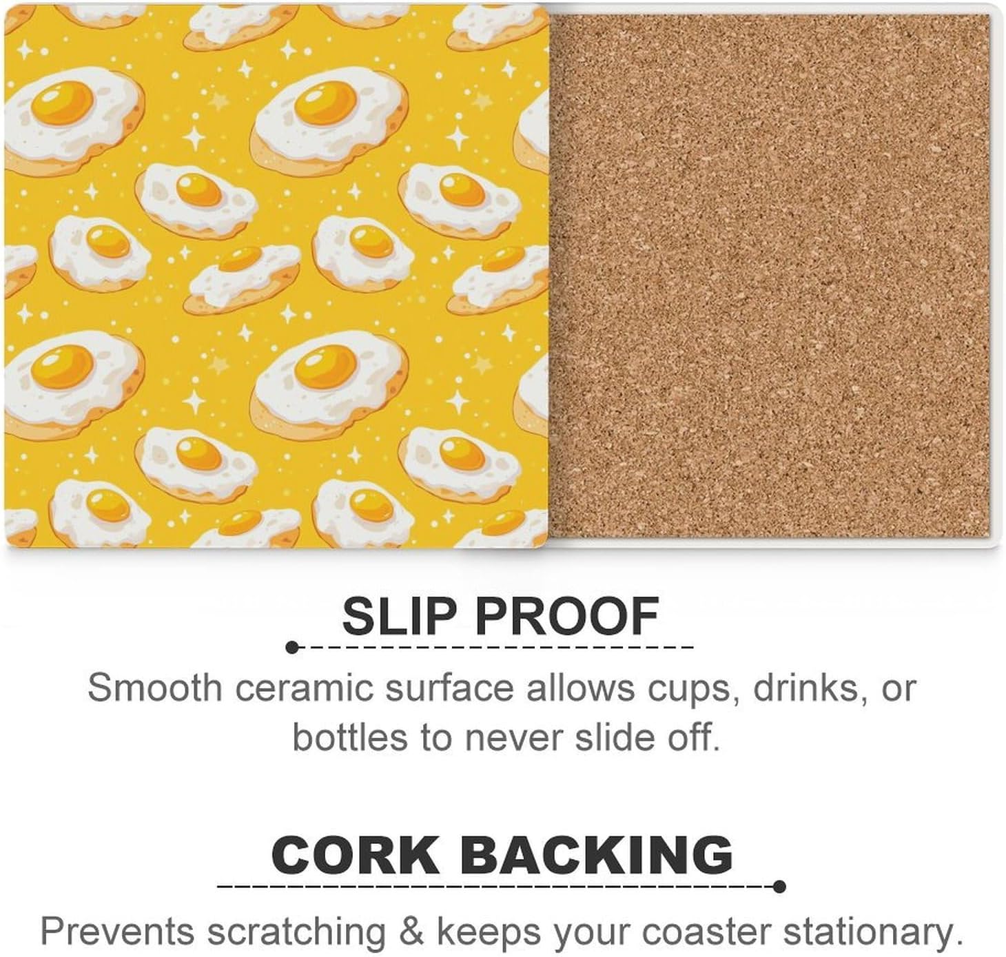 Fried Eggs Ceramic Coasters Set Square Drink Coasters Table Coaster for Kitchen Desktop Decor