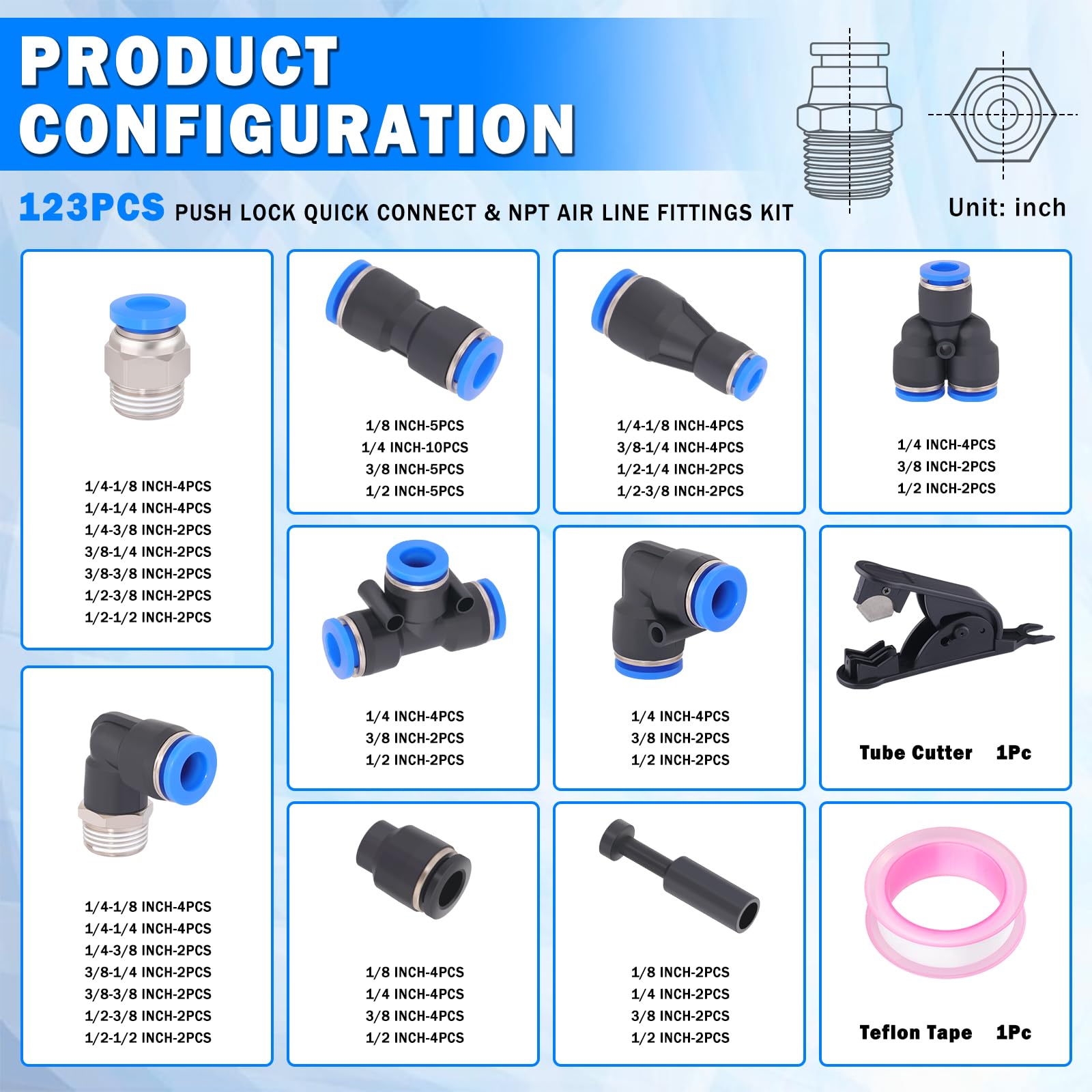 Kit di raccordi per linea aerea a connessione rapida, 123 pezzi, raccordi pneumatici a pressione pneumatica, raccordi per tubi dell'aria da 1/8", 1/4", 3/8", 1/2" Push to Connect e filettatura