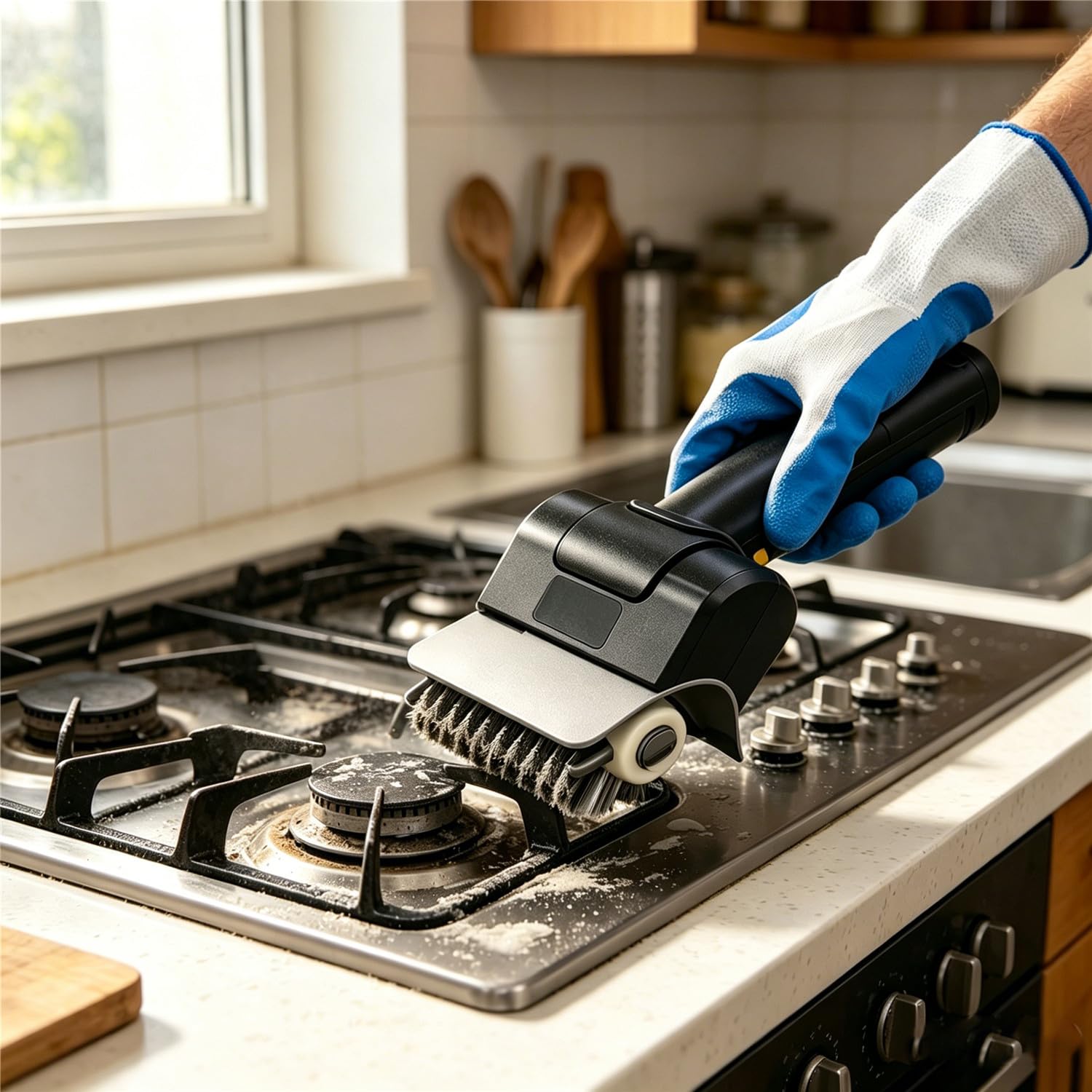 Spazzola elettrica senza fili per barbecue, strumento di pulizia con rullo in acciaio con batteria ricaricabile da 2000 mAh, detergente multiuso per interni, guanti inclusi
