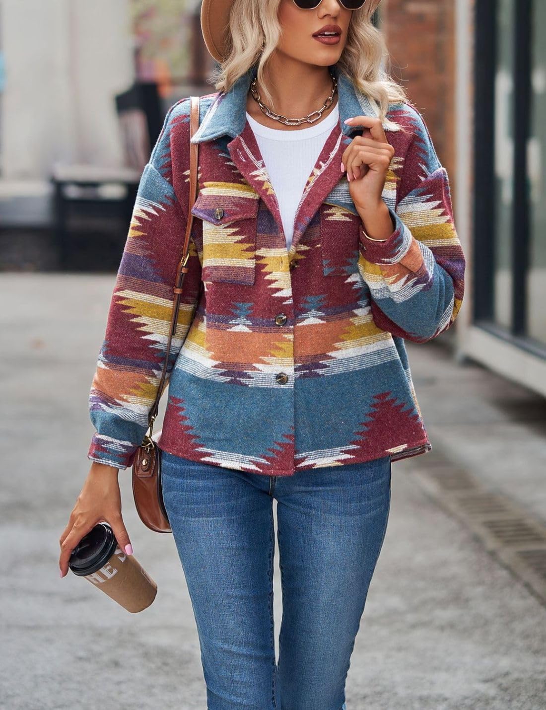 Chevara Women’s Vintage Ethnic Aztec Jacket Long Sleeve Button Up Woolen Shacket Western Jackets - Image 2