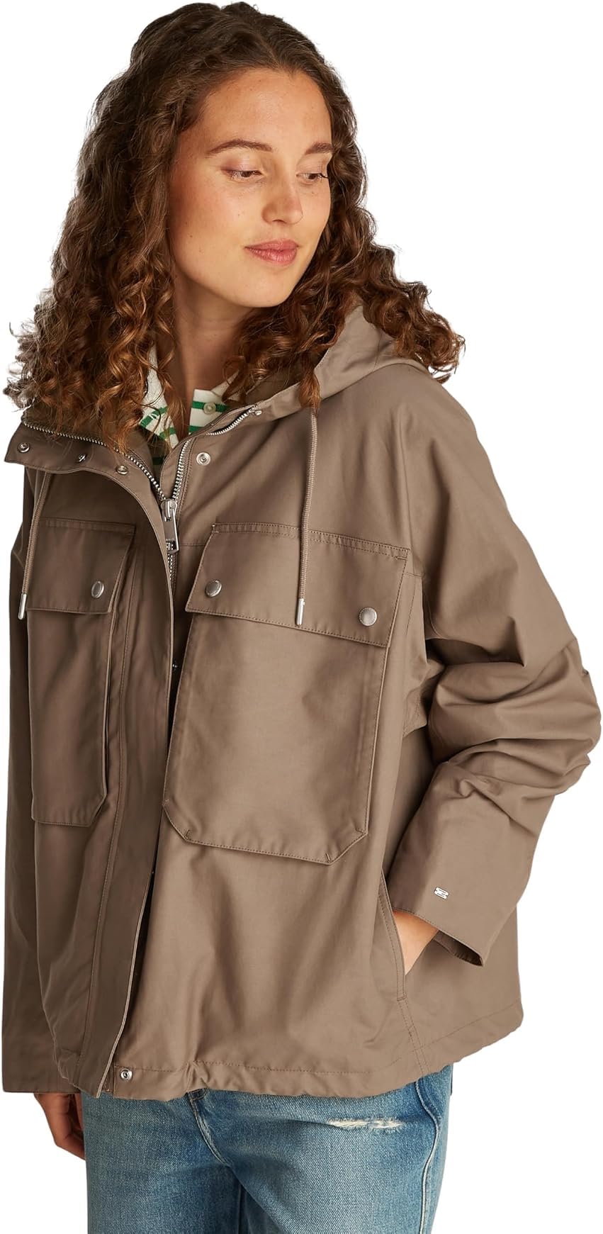 Tommy Hilfiger Women's Short Cotton Nylon Parka with Hood, Brown (Tundra Brown), 12