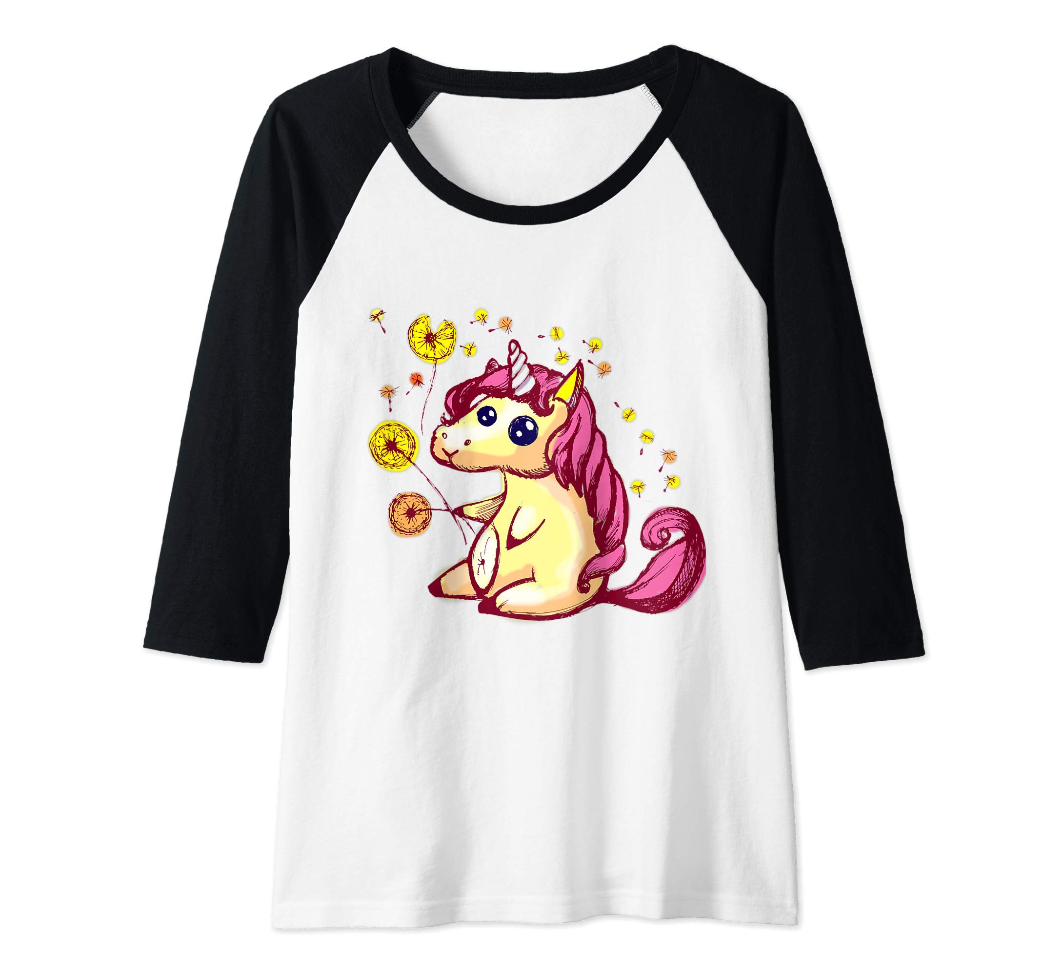 Womens Cute Llamacorn with dandelions Raglan Baseball Tee