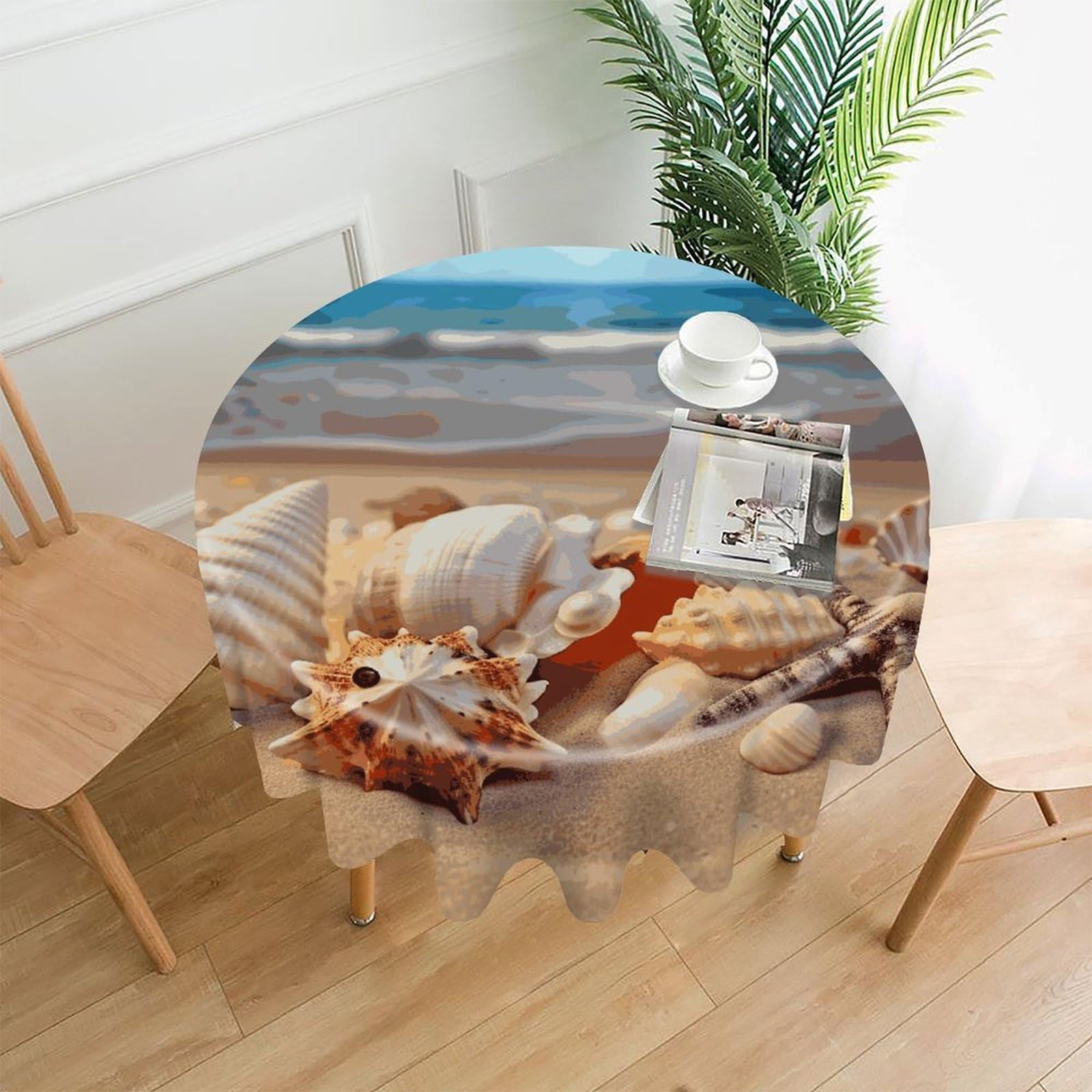 FekiLoot Seashells on The Sandy Beach Round Tablecloth Cover 60 Inch Wrinkle Free Washable Polyester Fabric Table Cover Decorative Round Table Cloth for Home Dining Kitchen Party Farmhouse