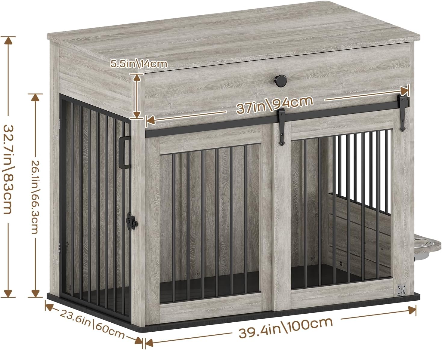 Large Dog Crate Furniture with Sliding Door & 360° Spinning Bowls | Durable Modern End Table for Medium & Large Dogs for Pet Owners (40-inch)