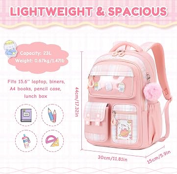 Girls School Backpack, Cute Kawaii Kids Rucksack for Primary School Students, Water Resistant Bookbag with Cartoon Pins & Pom Pom, Travel Bag with Luggage Strap