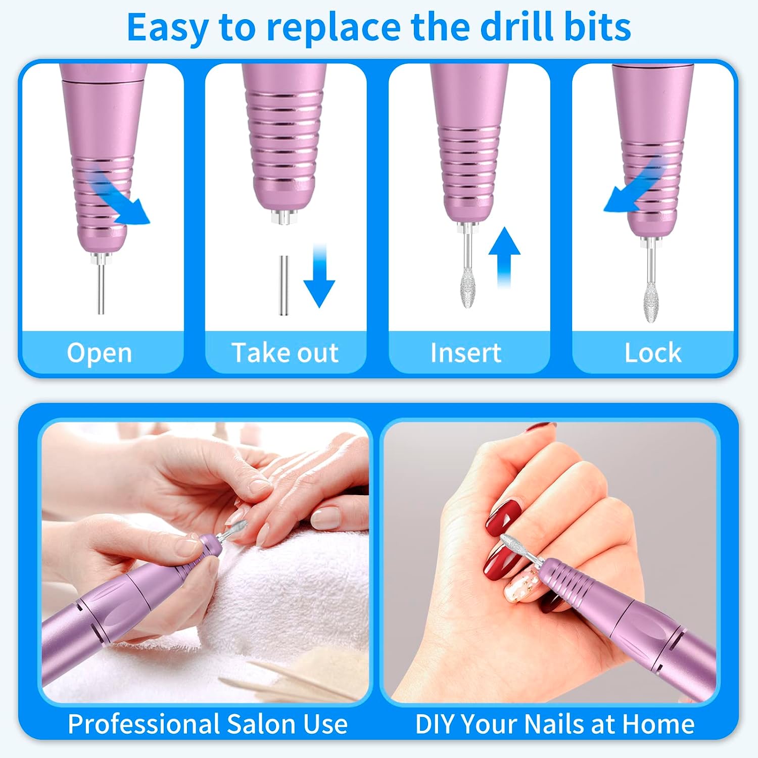Portable Nail Drill Professional 35000 RPM, MOCOWIND Rechargeable Electric Nail File Machine for Acrylic Gel Polishing Removing, Cordless E-File with Bits Kit for Manicure Salon Home, Blue & Purple
