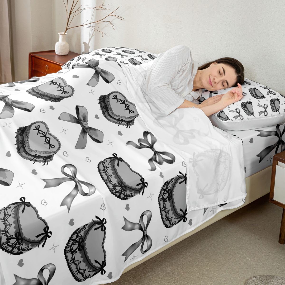 Homewish Czarna muszka zestaw prześcieradeł podwójne urocze miłosne serce prześcieradła marzycielska księżniczka kokardka pościel - Kawaii geometryczna muszka zestaw pościeli 4-częściowy kawaii