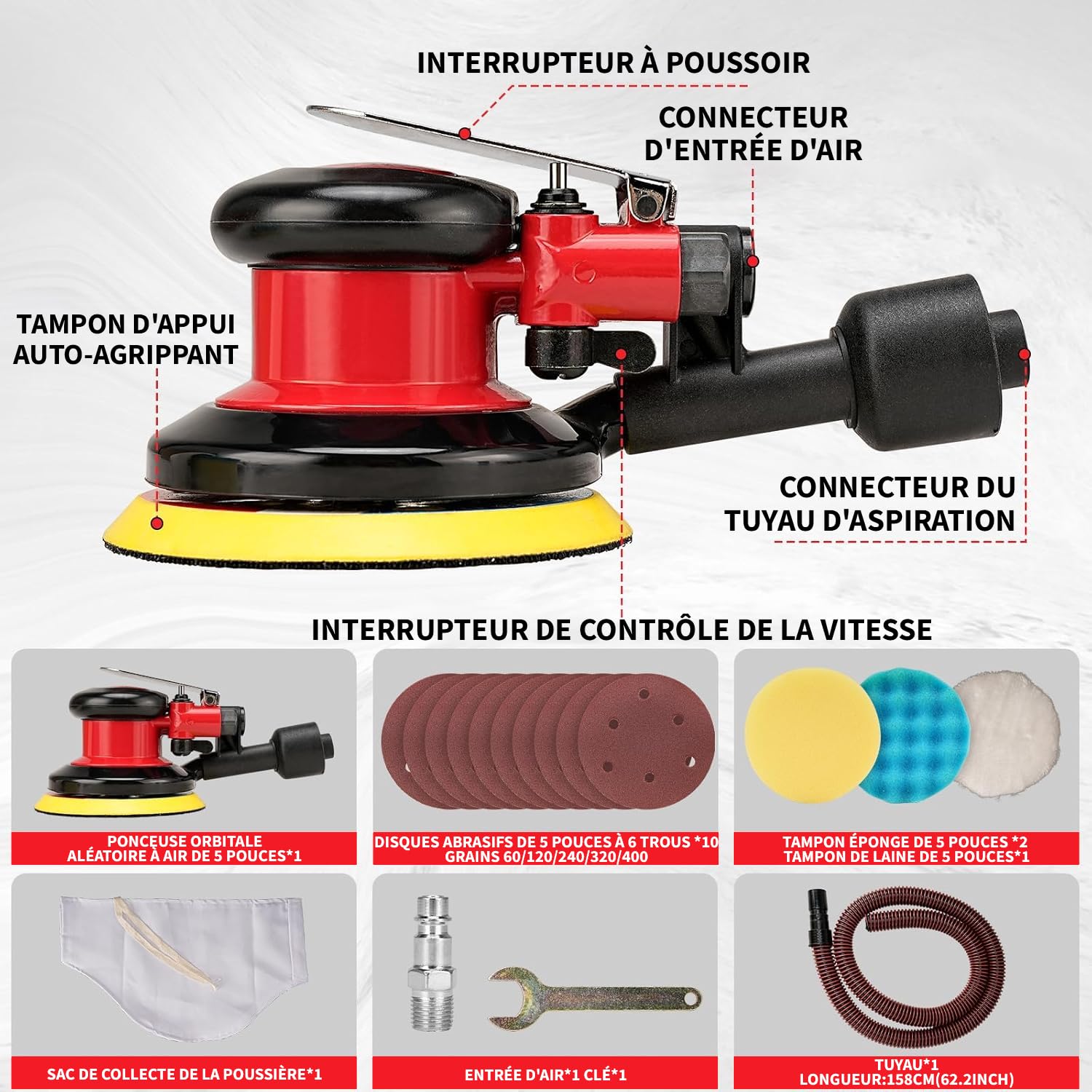 ponceuse pneumatique 5", adaptée au polissage automobile | Vitesse de rotation maximale : 12000 tr/min, léger poids, haut rendement,Avec aspiration intégrée